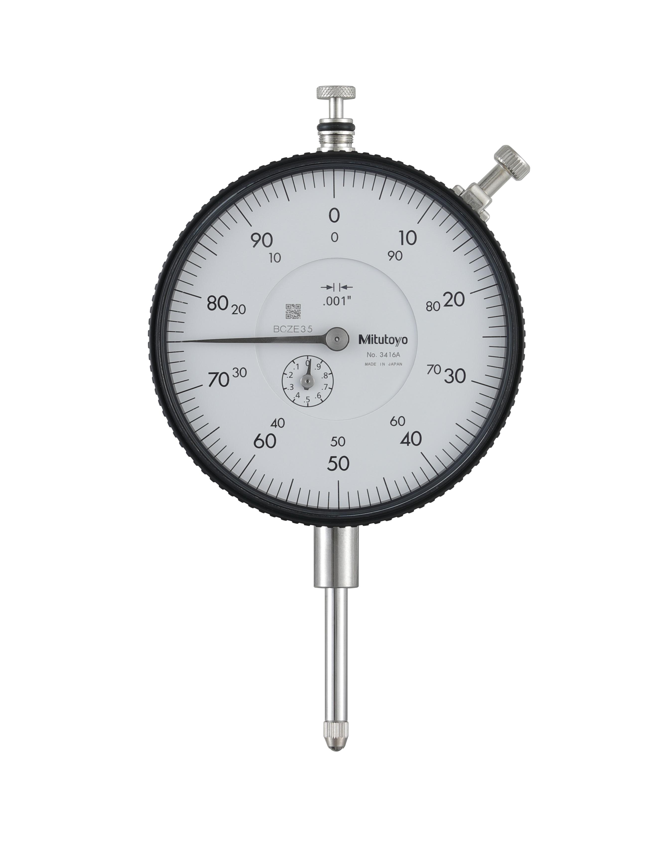 Mitutoyo, 3416A, .001 In, 1 In/(.1 In per rev), Dial Indicator, 0-100, Lug Back, 3/8 In stem, Series 3