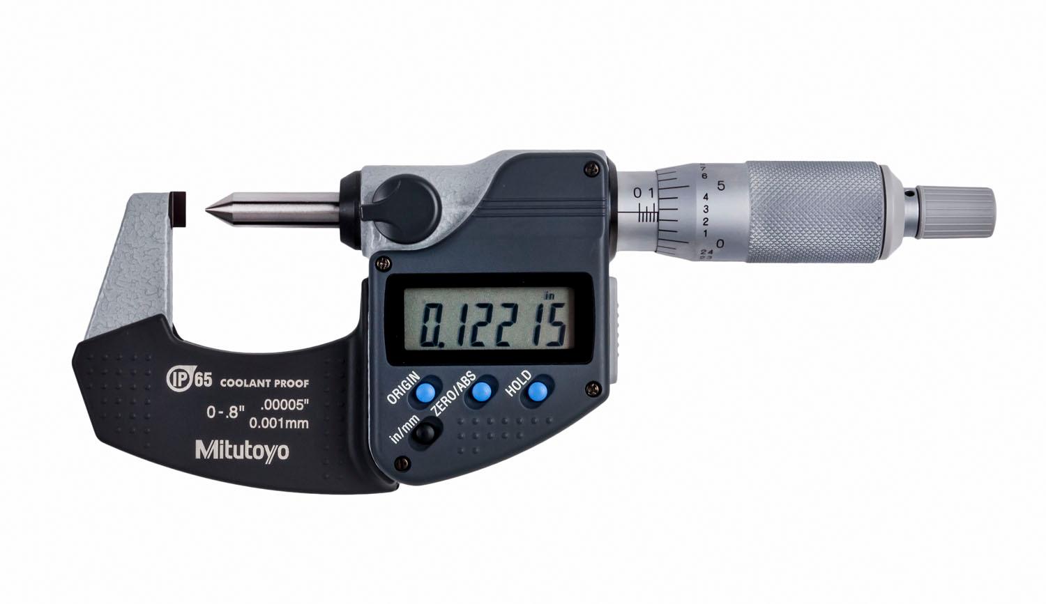 Mitutoyo, 342-371-30, 0-.8 In/0-20mm, .00005 In/0.001mm Digimatic Crimp Height Micrometer, 60 Degree Point, With SPC Data Output, Ratchet Stop