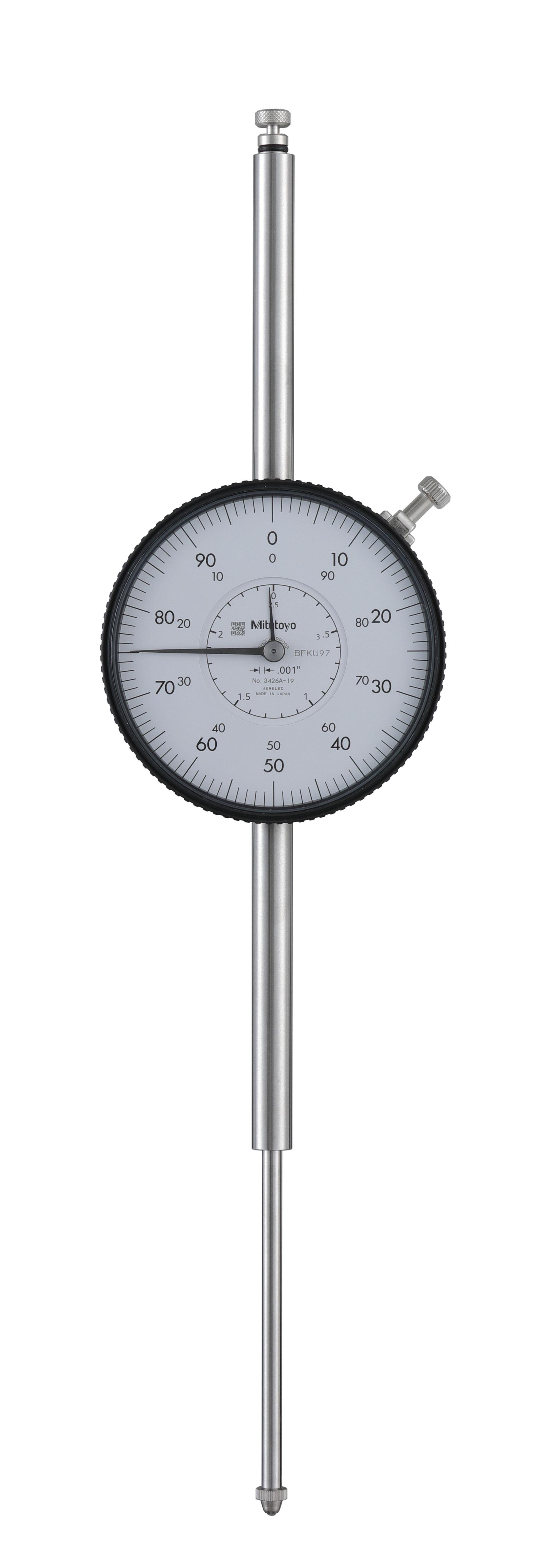 Mitutoyo, 3426A-19, .001 In, 3 In/(.1 In per rev), Dial Indicator, 0-100, Lug Back, 3/8 In stem, Series 3, Shockproof, Jeweled