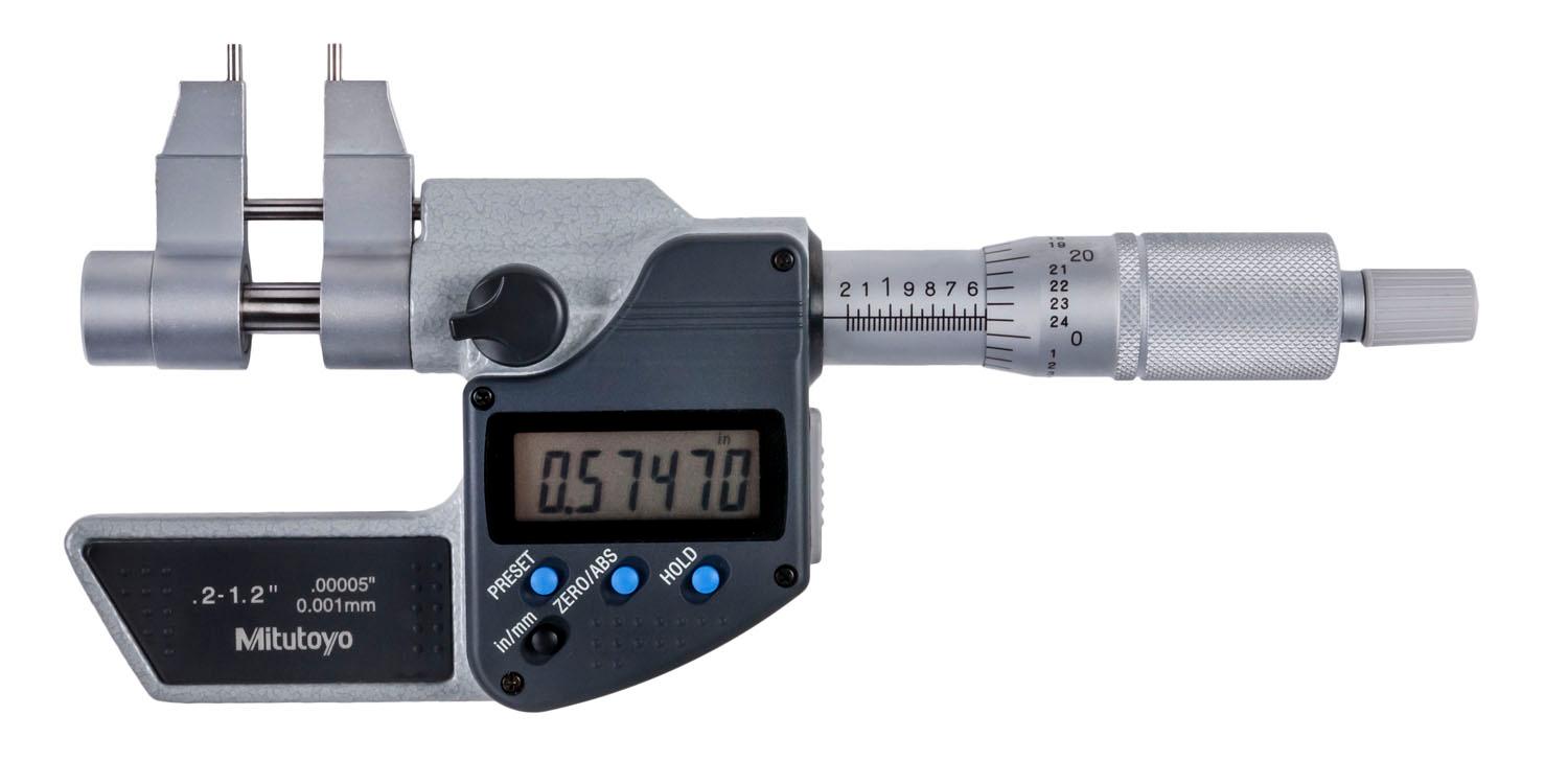 Mitutoyo, 345-350-30, .2-1.2 In/5-30mm, .00005 In/0.001mm Digimatic Caliper Jaw Type Micrometer, Carbide Steel Tip, Locking Clamp, With SPC Data Output, Ratchet Stop