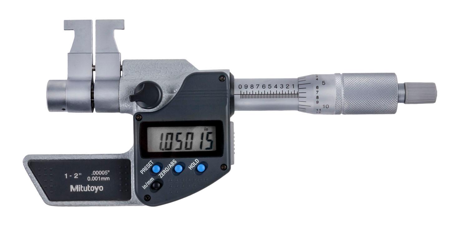 Mitutoyo, 345-351-30, 1-2 In/25-50mm, .00005 In/0.001mm Digimatic Caliper Jaw Type Micrometer, Carbide Steel Tip, Locking Clamp, With SPC Data Output, Ratchet Stop