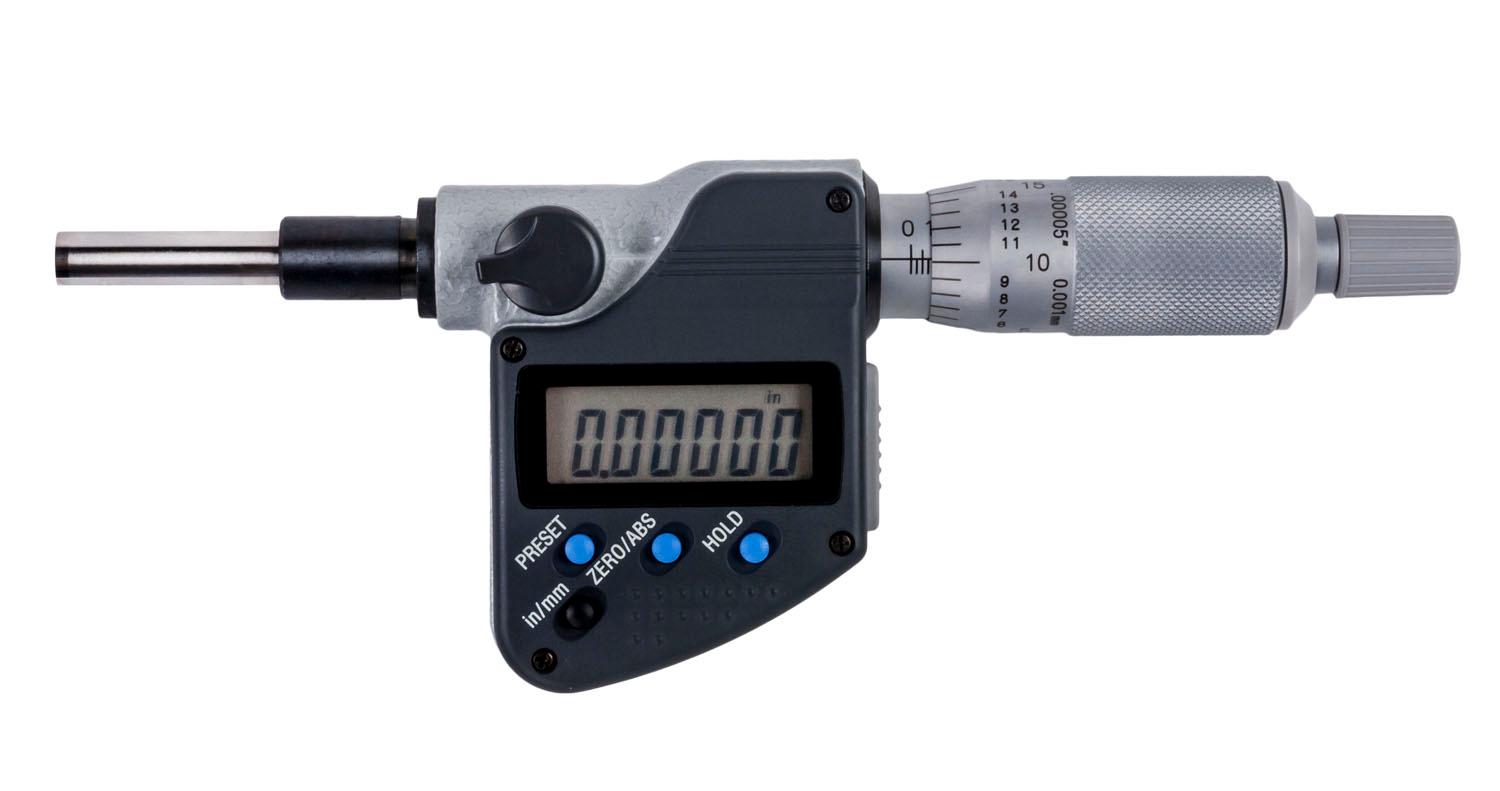 Mitutoyo, 350-351-30, 0-1 In/0-25.4mm, .00005 In/0.001mm, Digimatic Micrometer Head, .375 In Diameter Plain Stem, Flat Carbide Tipped Spindle Face, With SPC Data Output, Ratchet Stop