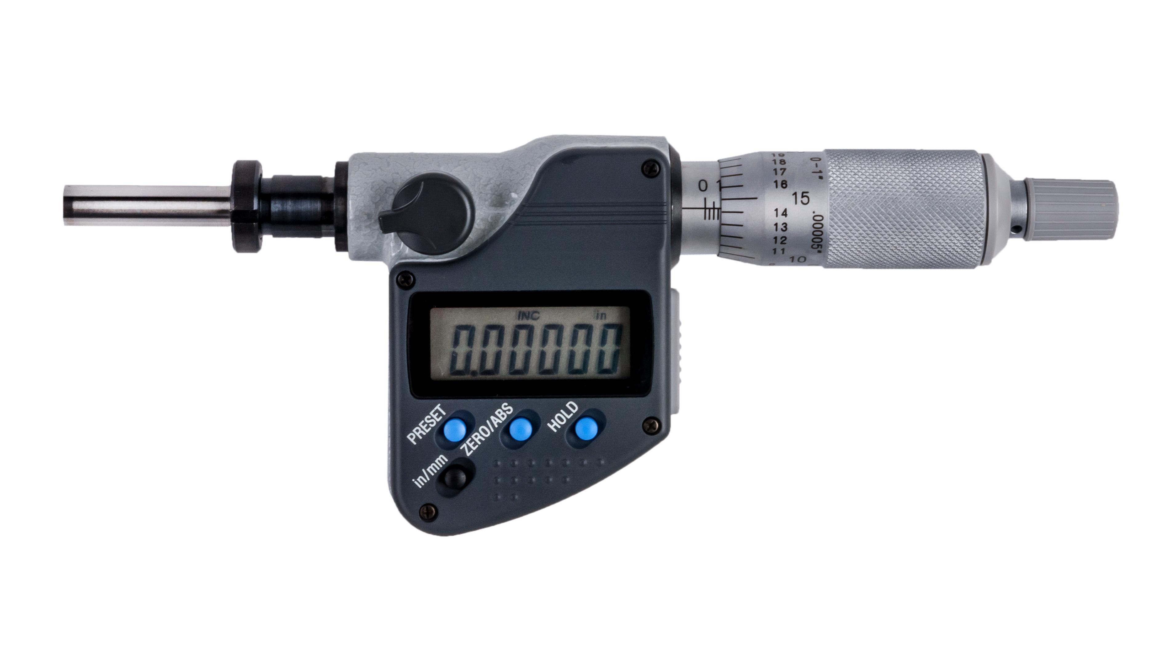 Mitutoyo, 350-352-30, 0-1 In/0-25.4mm, .00005 In/0.001mm, Digimatic Micrometer Head, .375 In Diameter Stem with Clamp Nut, Flat Carbide Tipped Spindle Face, With SPC Data Output, Ratchet Stop