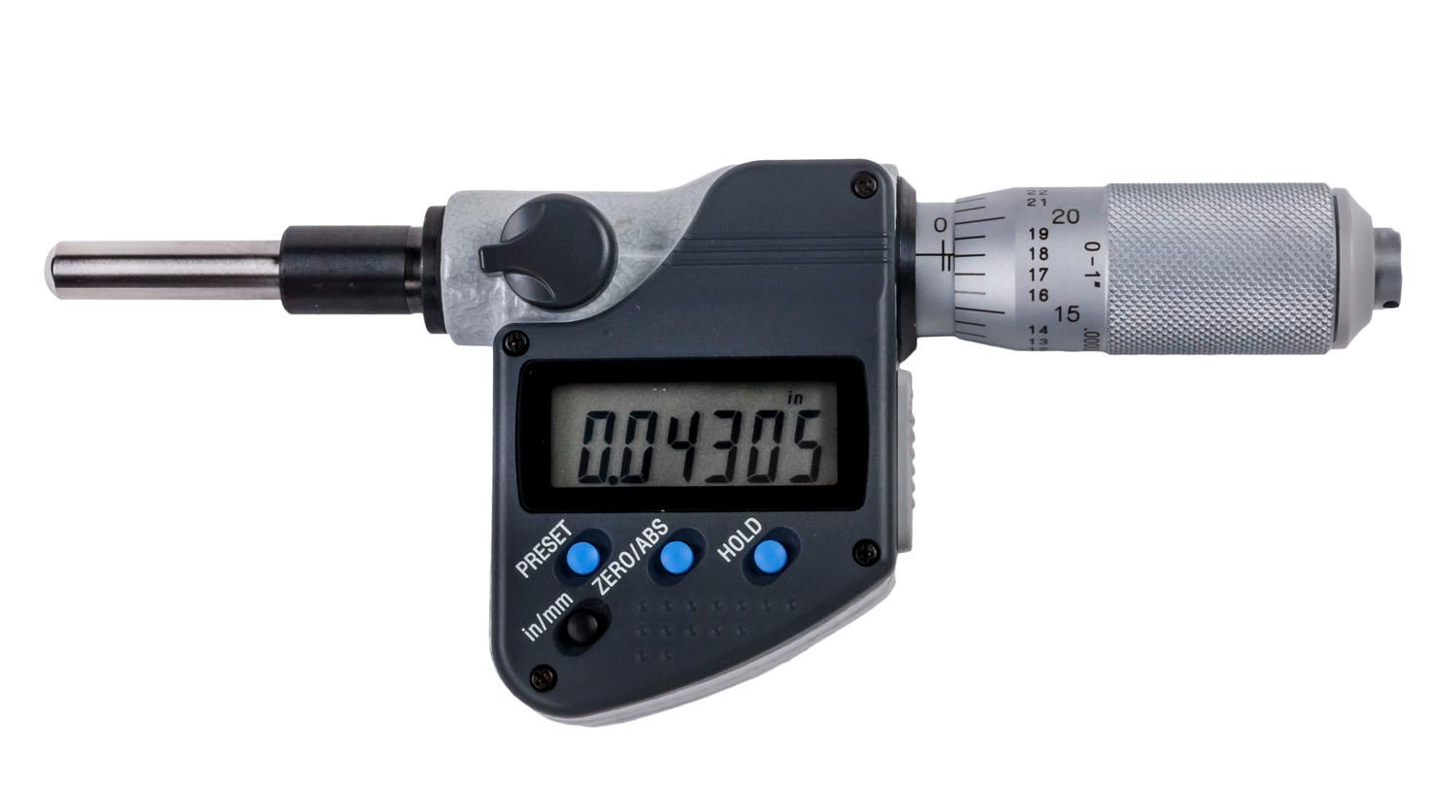 Mitutoyo, 350-357-30, 0-1 In/0-25.4mm, .00005 In/0.001mm, IP65 Digimatic Micrometer Head, .375 In Diameter Plain Stem, Spherical (SR4) Spindle Face, With SPC Data Output