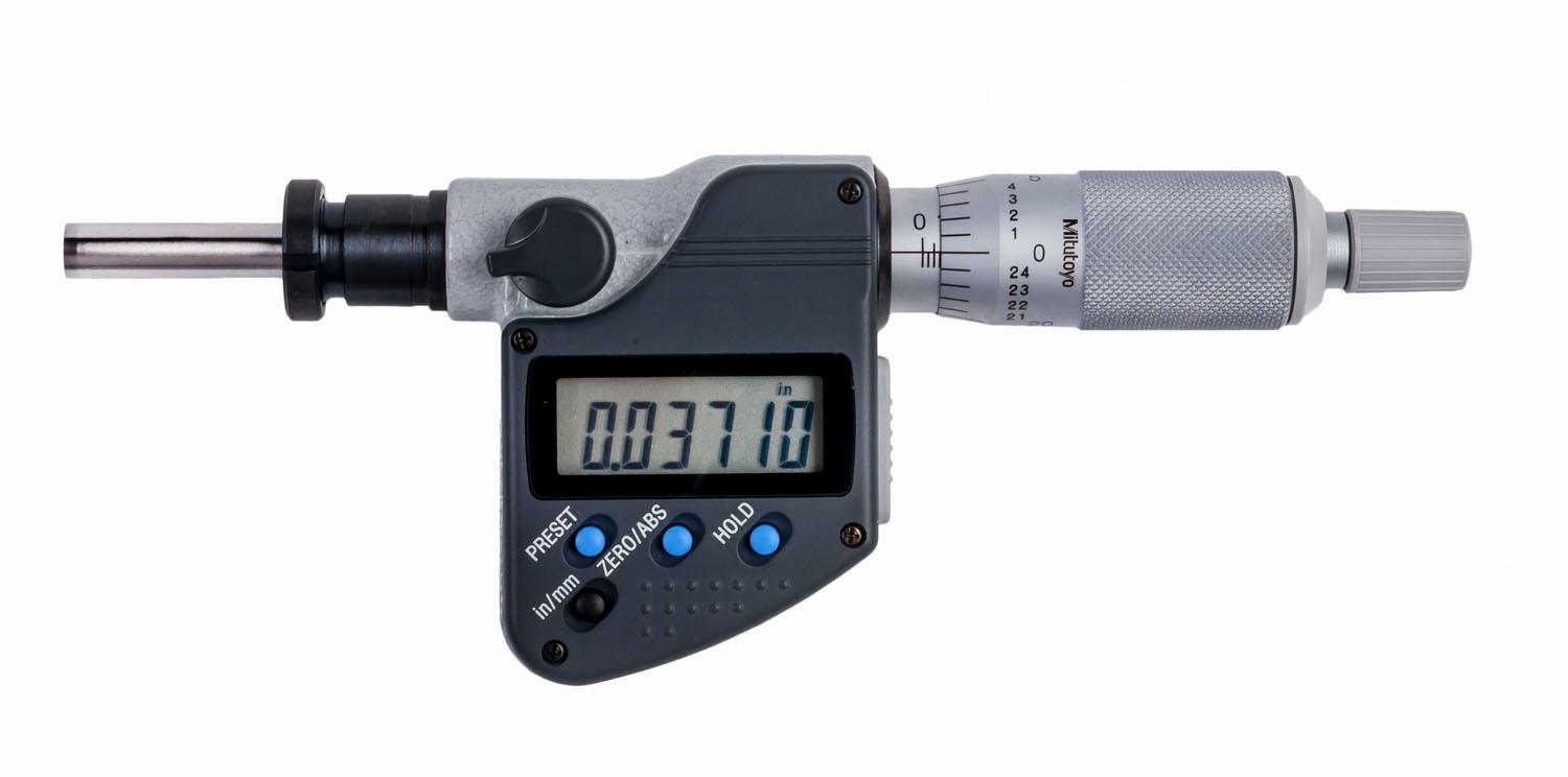 Mitutoyo, 350-382-30, 0-1 In/0-25.4mm, .00005 In/0.001mm, IP65 Digimatic Micrometer Head, .5 In Diameter Plain Stem, Flat Carbide Tipped Spindle Face, With SPC Data Output, Ratchet Stop
