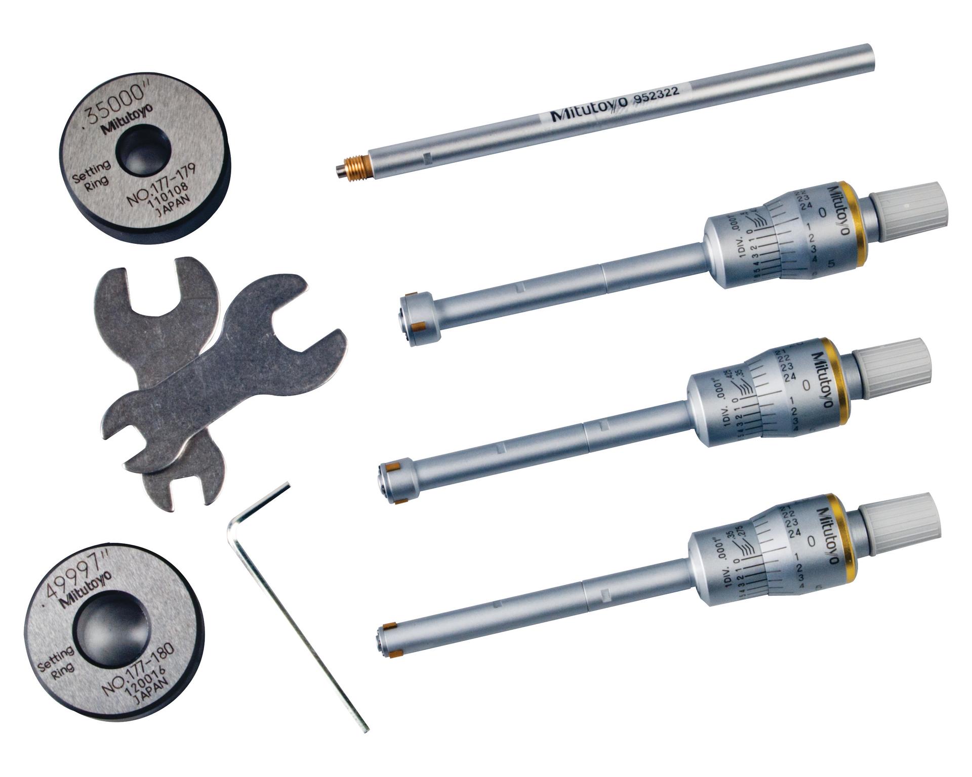 Mitutoyo, 368-916, Holtest, 3-point/2-point internal micrometer, .275-.5 in range, .275-.35 in,.35-.425 in, .425-.5 in individual range, setting rings included (.35 diameter, .5in diameter), with extension rod and TiN-coated contact points