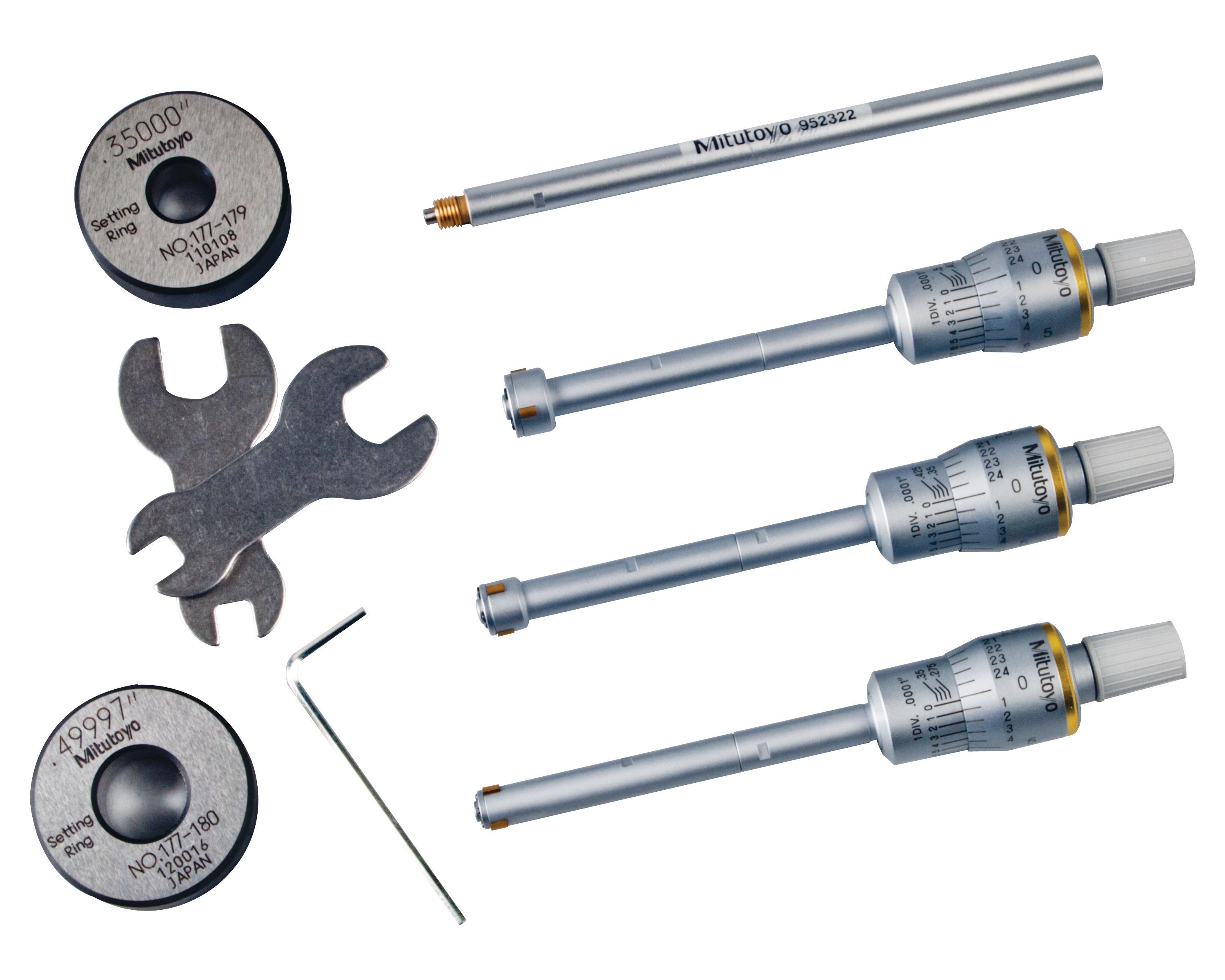 Mitutoyo, 368-916, Holtest, 3-point/2-point internal micrometer, .275-.5 in range, .275-.35 in,.35-.425 in, .425-.5 in individual range, setting rings included (.35 diameter, .5in diameter), with extension rod and TiN-coated contact points