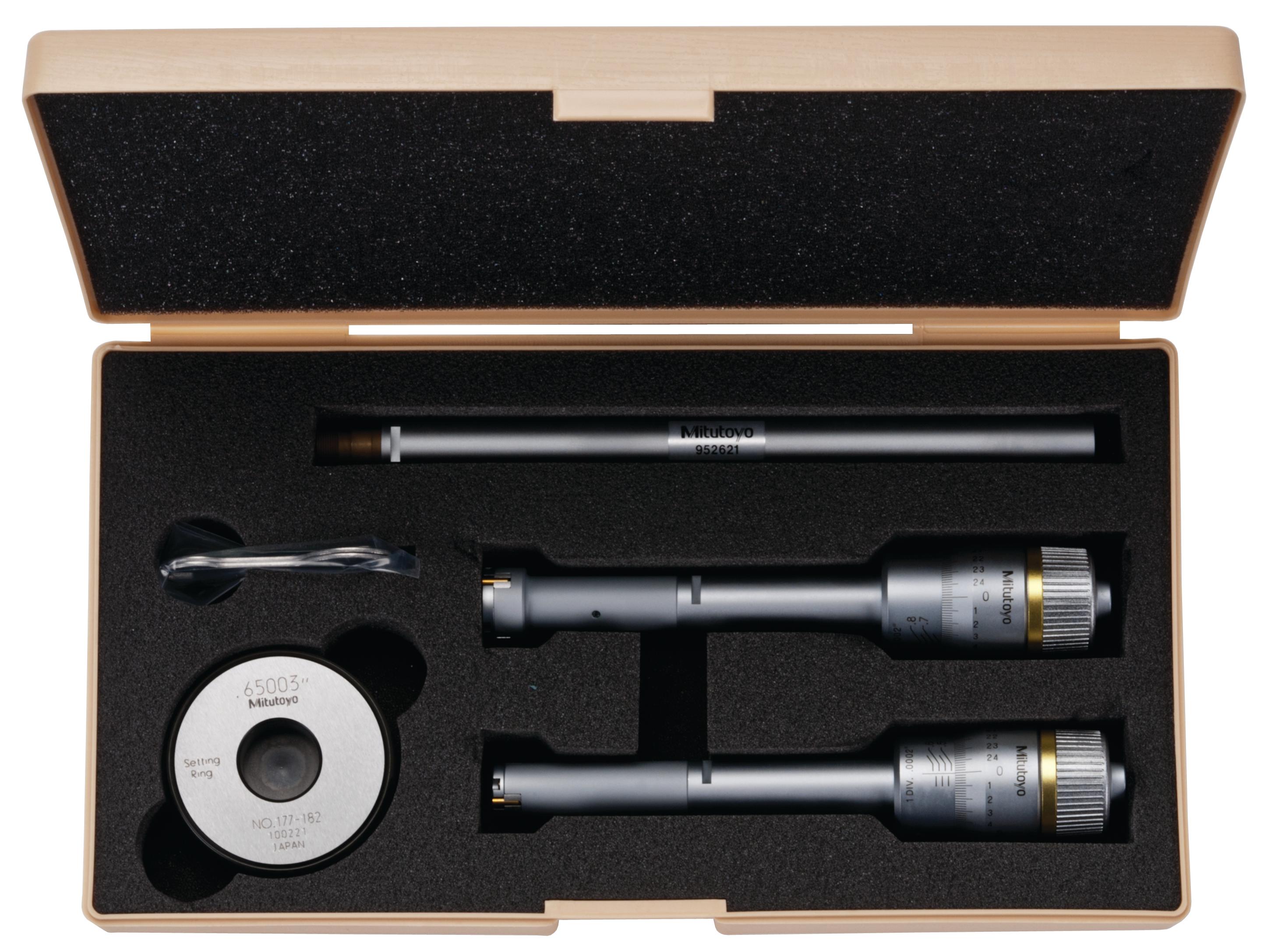 Mitutoyo, 368-917, Holtest, 3-point/2-point internal micrometer, .5-.8 in range, .5-.65 in,.65-.8 in, .65in diameter, with extension rod and TiN-coated contact points
