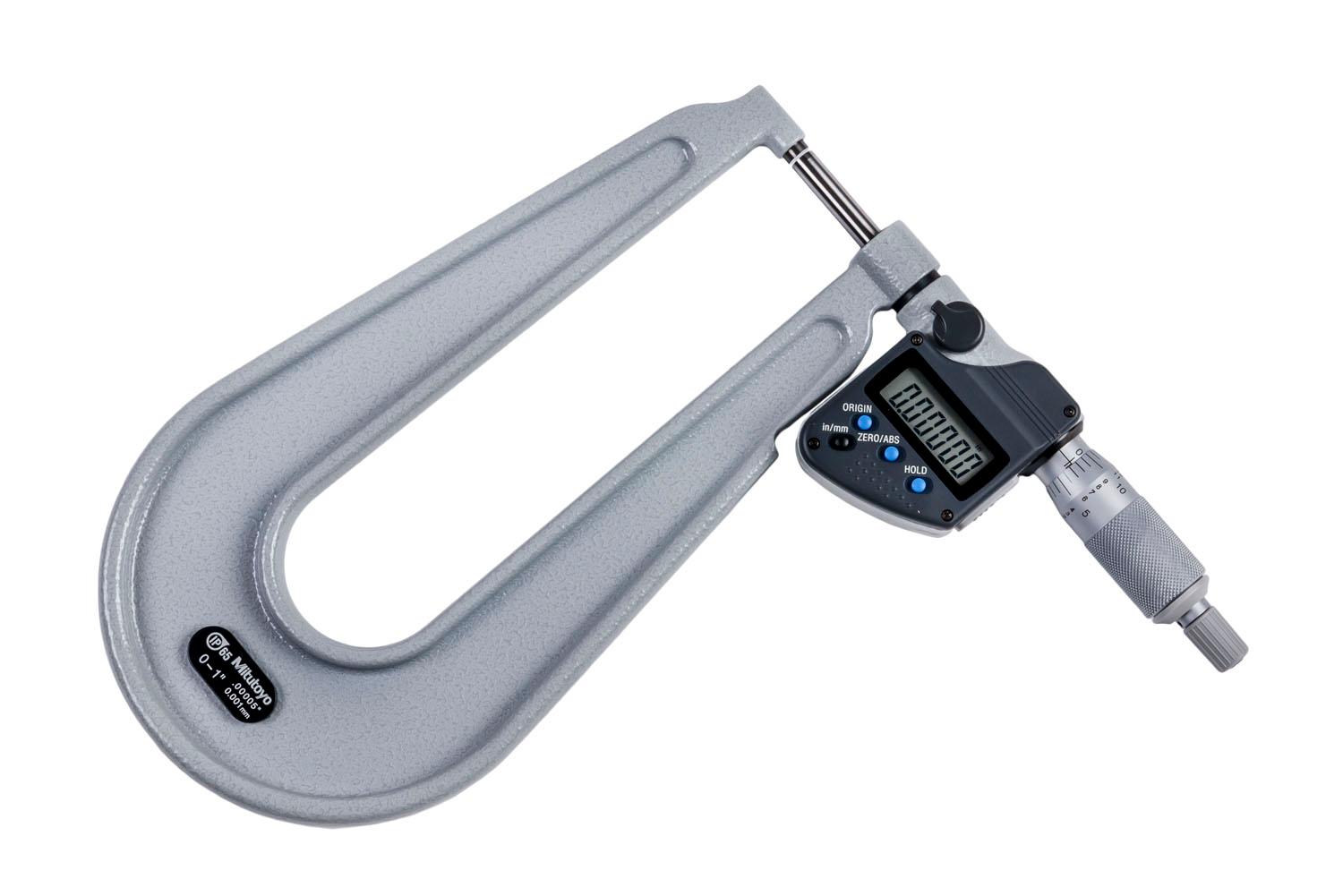 Mitutoyo, 389-351-30, 0-1 In/0-25.4mm, .00005 In/0.001mm IP65 Digimatic Sheet Metal Micrometer, With SPC Data Output, Ratchet Stop
