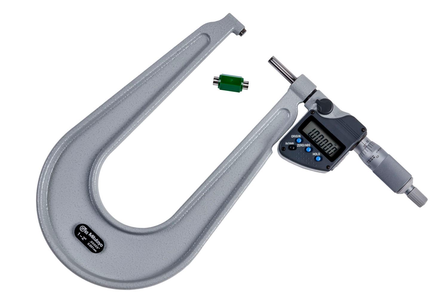 Mitutoyo, 389-352-30, 1-2 In/25.4-50.8mm, .00005 In/0.001mm IP65 Digimatic Sheet Metal Micrometer, With SPC Data Output, Ratchet Stop, With Standard
