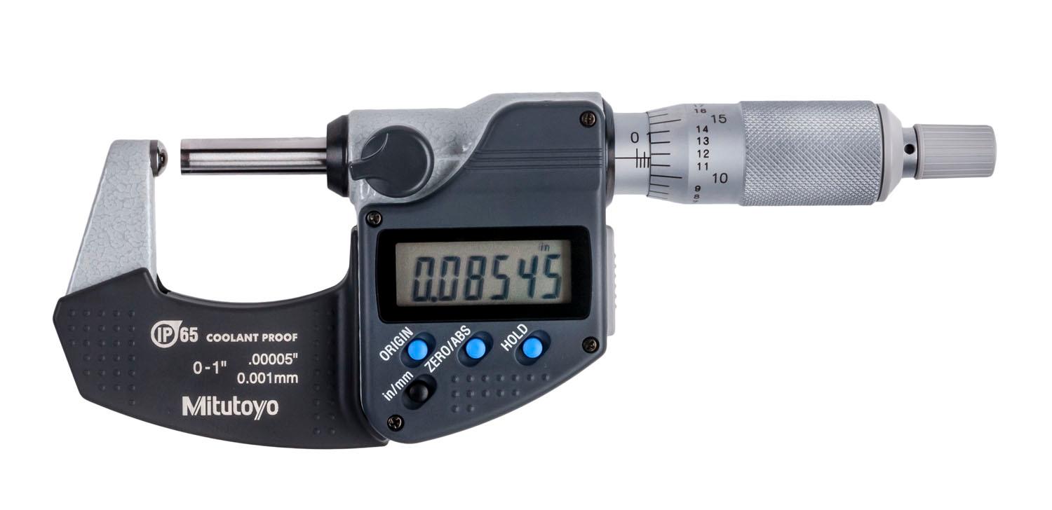 Mitutoyo, 395-351-30, 0-1 In/0-25.4mm, .00005 In/0.001mm Digimatic Spherical Face Micrometer, Carbide Steel Tip, Spherical Anvil Flat Spindle, .59 In Max Inside Diameter, With SPC Data Output, Ratchet Stop