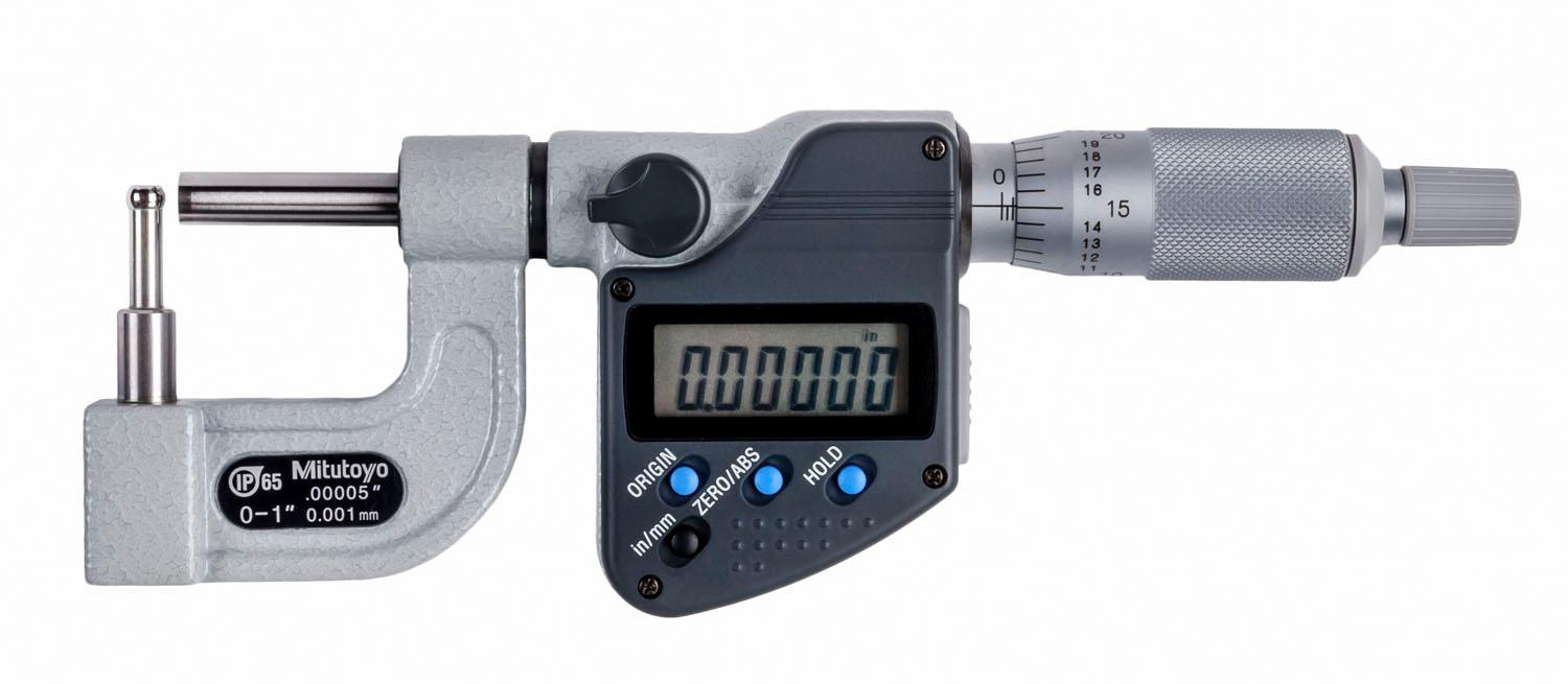 Mitutoyo, 395-363-30, 0-1 In/0-25.4mm, .00005 In/0.001mm Digimatic Spherical Face Micrometer, Carbide Steel Tip, 4.7mm Diameter Spherical Anvil, With SPC Data Output, Ratchet Stop