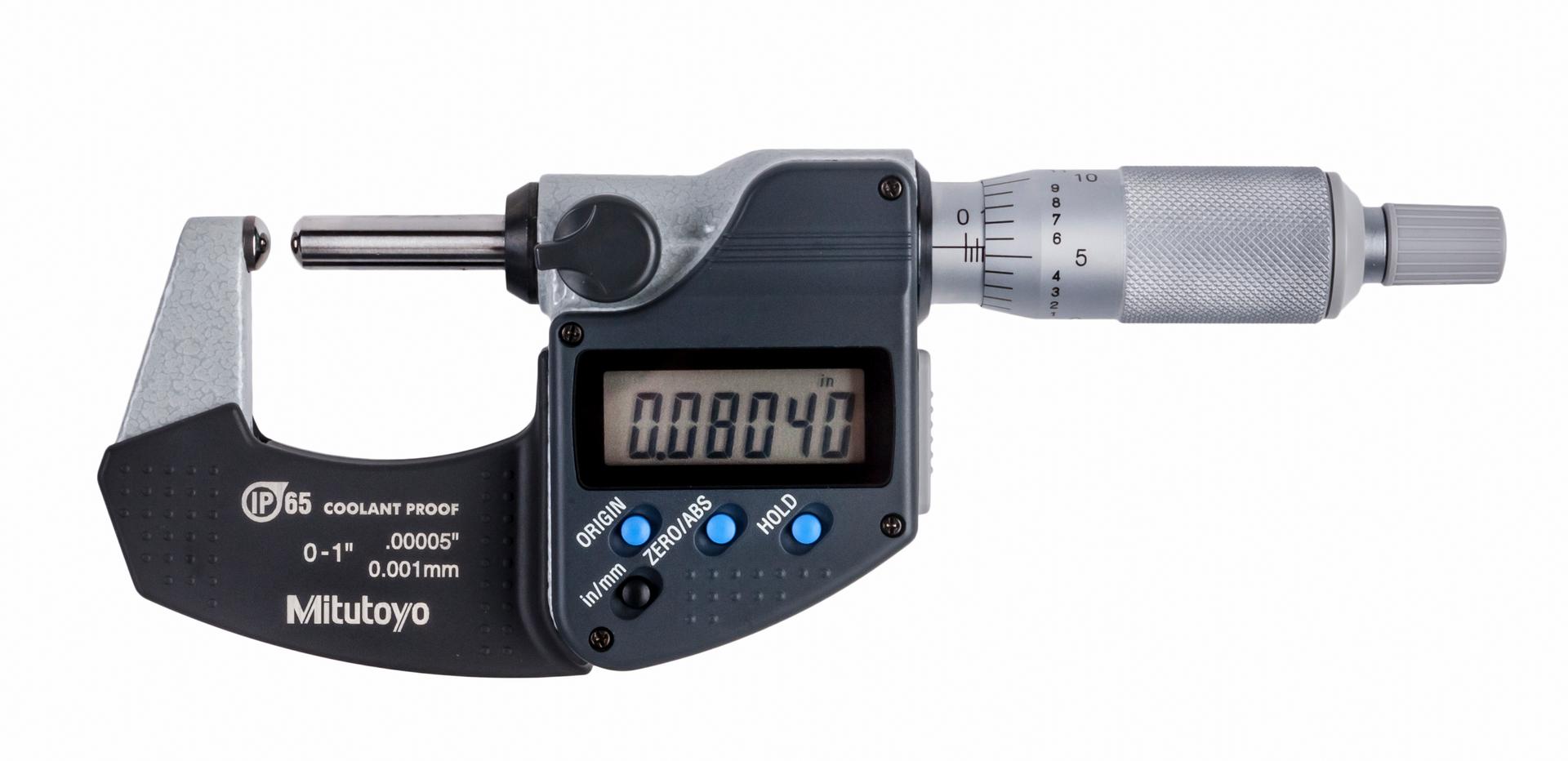 Mitutoyo, 395-371-30, 0-1 In/0-25.4mm, .00005 In/0.001mm Digimatic Spherical Face Micrometer, Carbide Steel Tip, Spherical Anvil Spherical Spindle, .59 In Max Inside Diameter, With SPC Data Output, Ratchet Stop