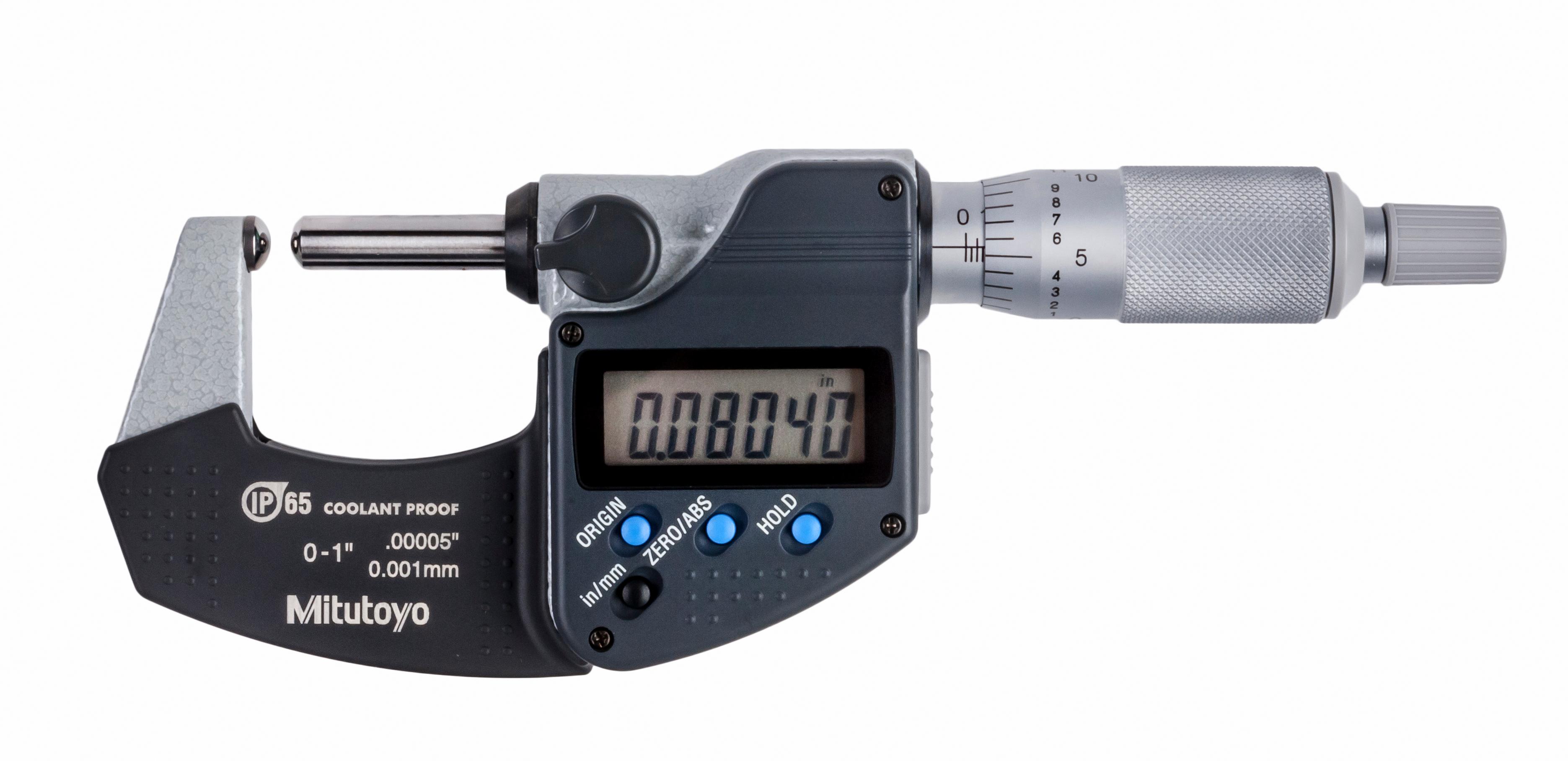 Mitutoyo, 395-371-30, 0-1 In/0-25.4mm, .00005 In/0.001mm Digimatic Spherical Face Micrometer, Carbide Steel Tip, Spherical Anvil Spherical Spindle, .59 In Max Inside Diameter, With SPC Data Output, Ratchet Stop