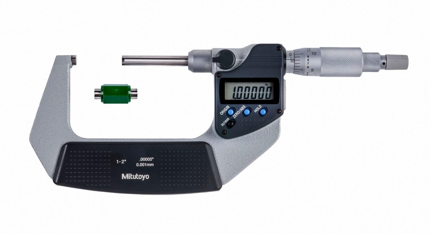 Mitutoyo, 406-351-30, 1-2 In/25.4-50.8mm, .00005 In/0.001mm Digimatic Outside Micrometer, Non-Rotating Spindle, With SPC Data Output, Ratchet Stop