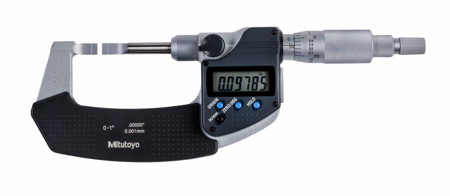 Mitutoyo, 422-360-30, 0-1 In/0-25.4mm, .00005 In/0.001mm Digimatic Blade Micrometer, .4mm Blade Thickness, Non-Rotating Spindle, With SPC Data Output, Ratchet Stop