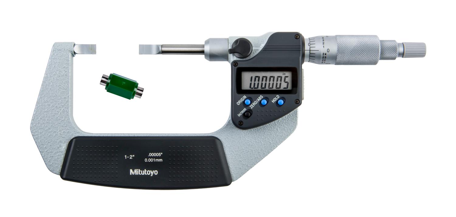 Mitutoyo, 422-361-30, 1-2 In/25.4-50.8mm, .00005 In/0.001mm Digimatic Blade Micrometer, .75mm Carbide Tipped Blade Thickness, Non-Rotating Spindle, With SPC Data Output, Ratchet Stop