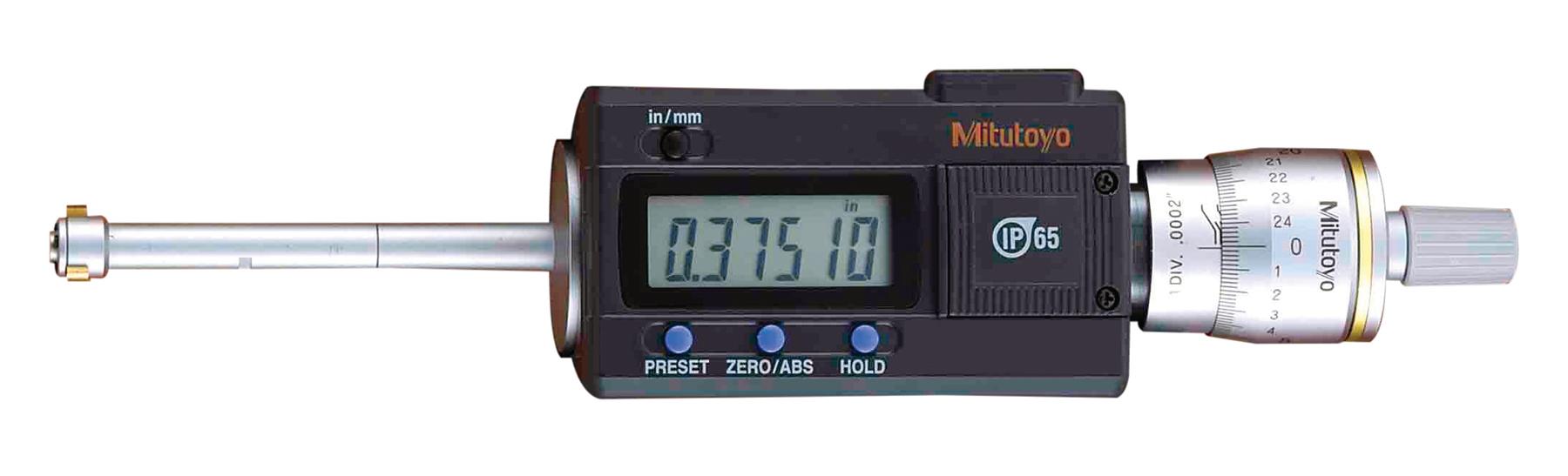Mitutoyo, 468-262, Digimatic holtest, 3-point internal micrometer, .35-.425in/8.89-10.795mm range, +/-.0001 in accuracy, 04AZB111 main body assembly