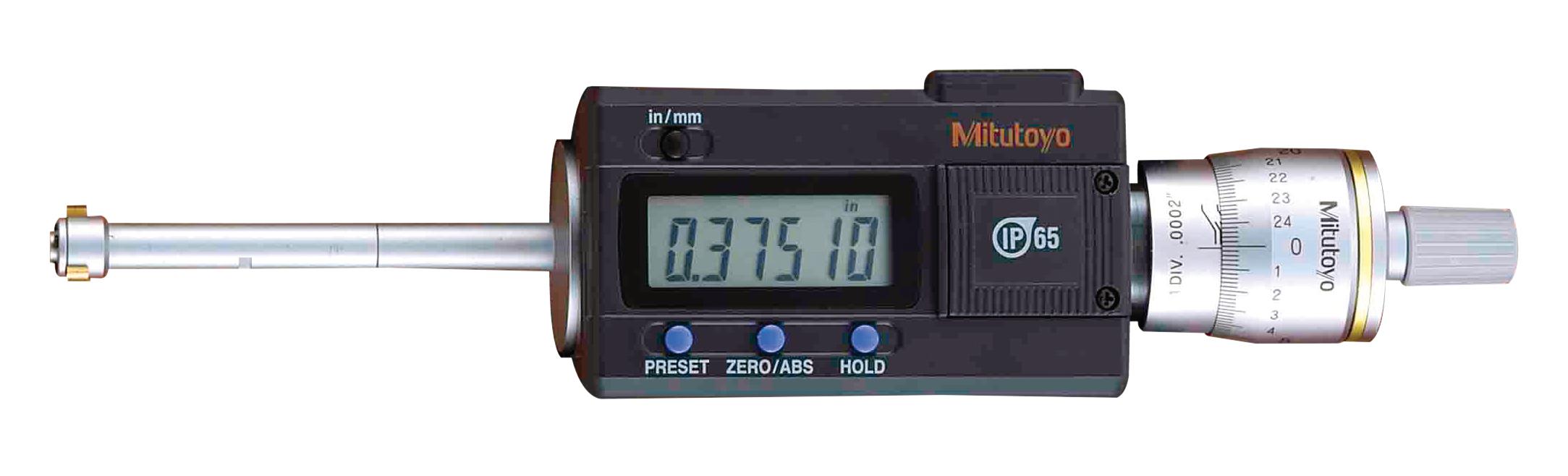 Mitutoyo, 468-263, .425-.5 In/10.795-12.7mm, .00005 In/0.001mm, Digimatic Holtest, Titanium Nitride Coated Contact Points, With SPC Output, Ratchet Stop