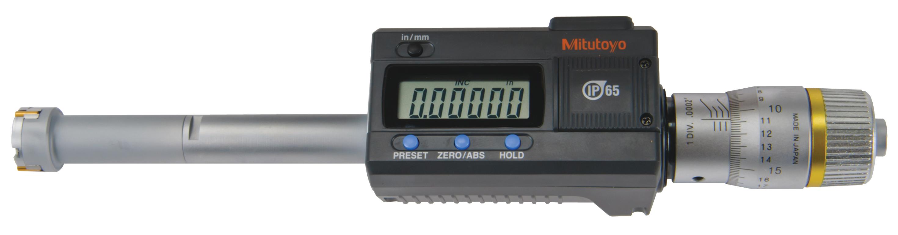 Mitutoyo, 468-265, .65-.8 In/16.51-20.32mm, .00005 In/0.001mm, Digimatic Holtest, Titanium Nitride Coated Contact Points, With SPC Output, Ratchet Stop