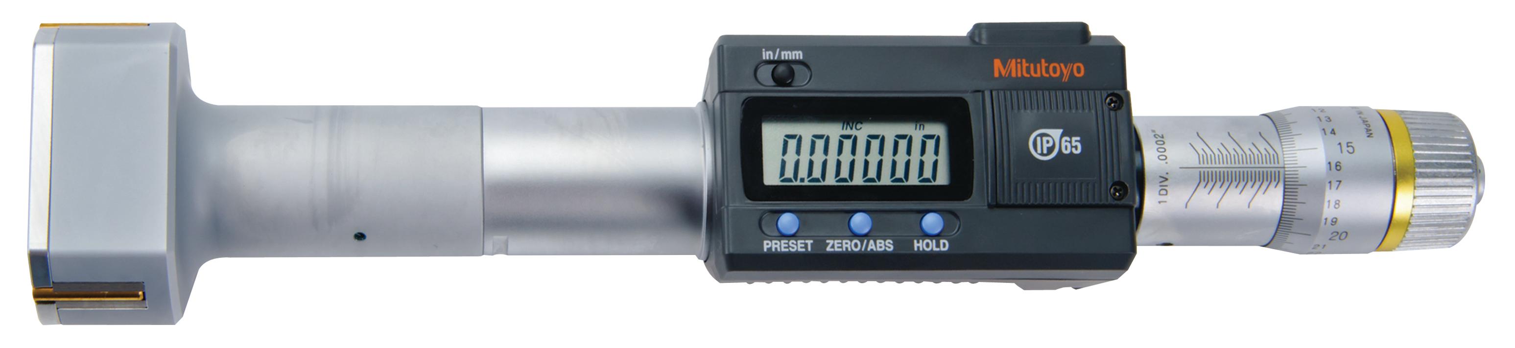 Mitutoyo, 468-270, 2-2.5 In/50.8-63.5mm, .00005 In/0.001mm, Digimatic Holtest, Titanium Nitride Coated Contact Points, With SPC Output, Ratchet Stop