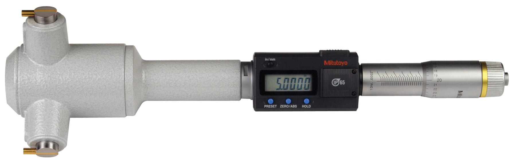 Mitutoyo, 468-274, 4-5 In/101.6-127mm, .00005 In/0.001mm, Digimatic Holtest, Titanium Nitride Coated Contact Points, With SPC Output, Ratchet Stop