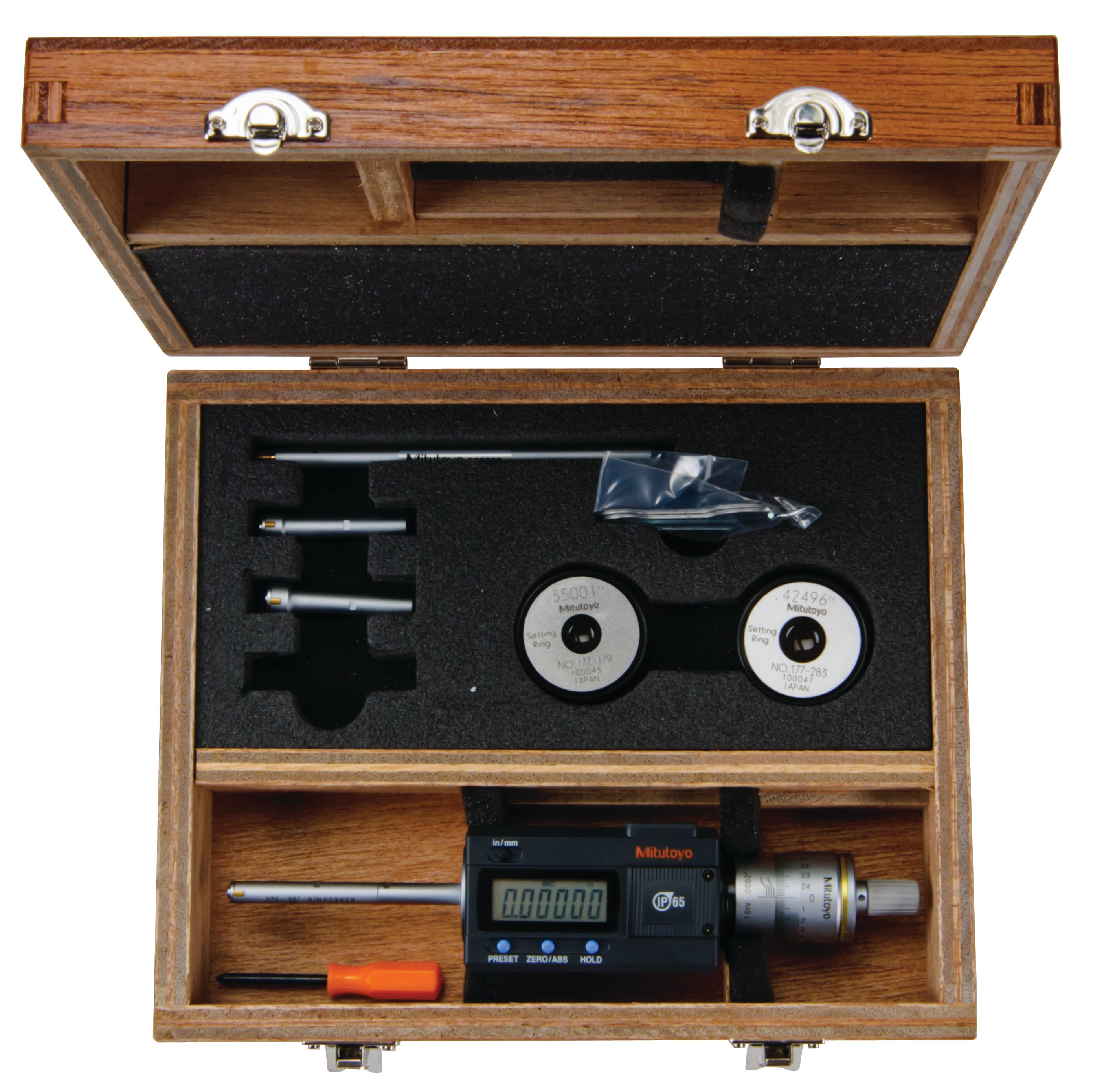 Mitutoyo, 468-976, Digimatic holtest, 3-point internal micrometer, .275-.5in/6.925-12.7mm range, .275-.35in, .35-.425in, .425-.5in individual range, .35 in diameter, .425 in diameter setting rings included, with extension rod