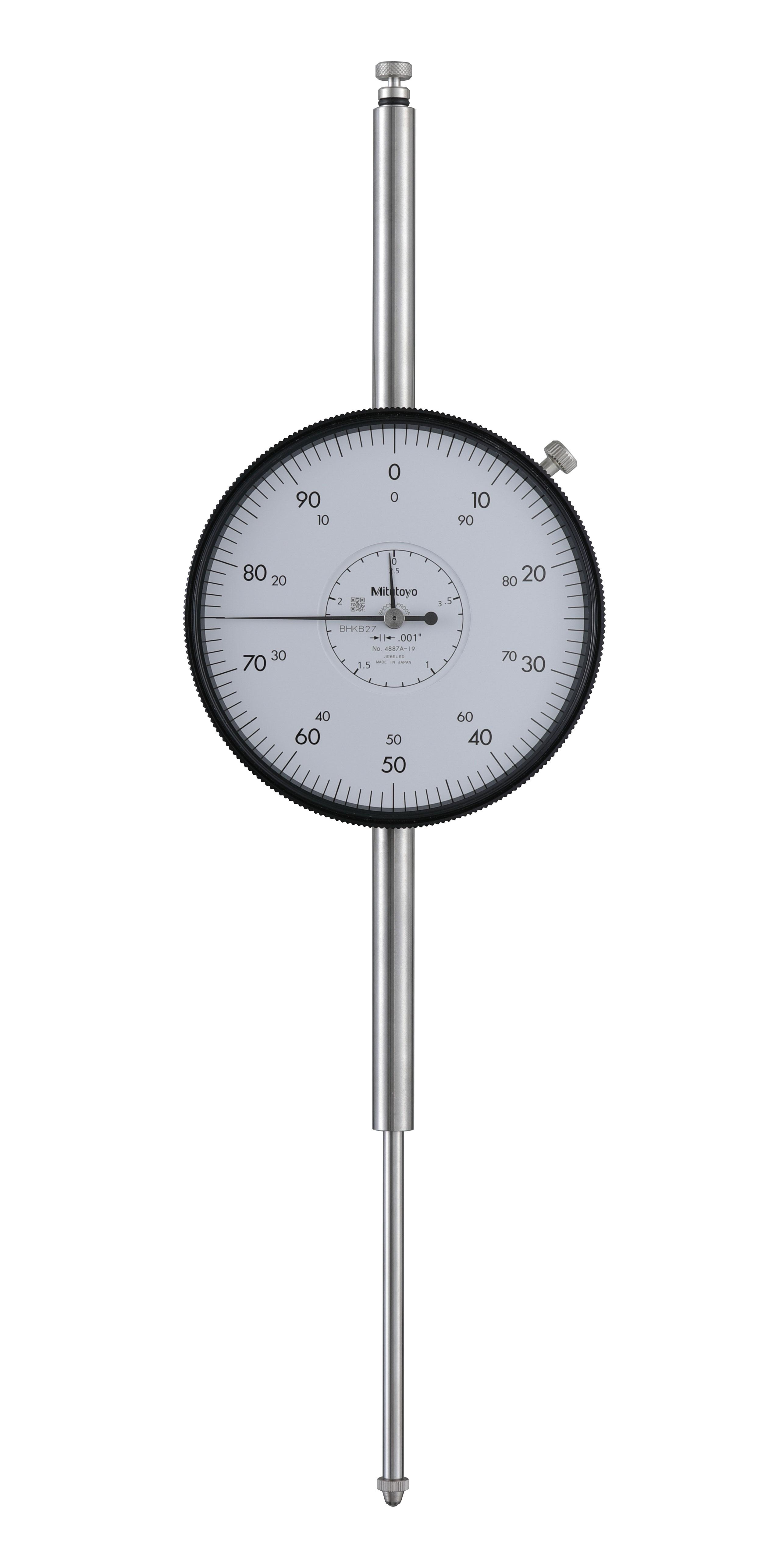 Mitutoyo, 4887A-19, .001 In,  3 In/(.1 In per rev) Dial Indicator, 0-100, Lug Back, Series 4, Shockproof, Jeweled