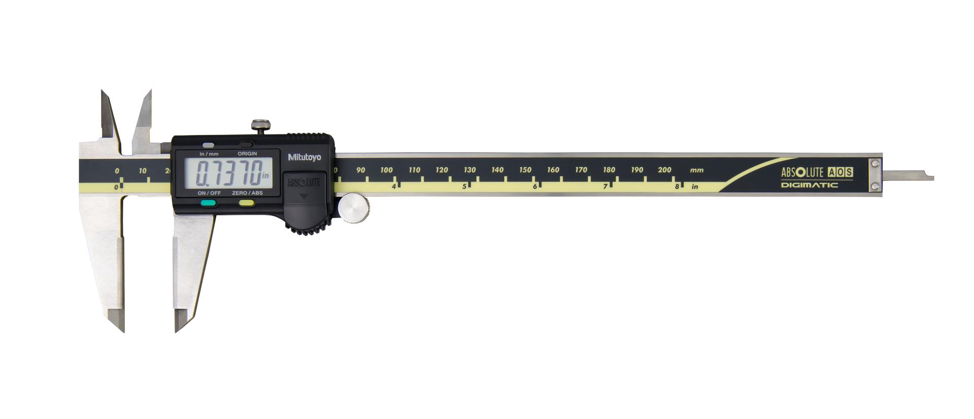 Mitutoyo, 500-163-30, 0-8 In/200mm, .0005 In/0.01mm ABSOLUTE AOS Digimatic Caliper, No Output, Carbide OD Jaws