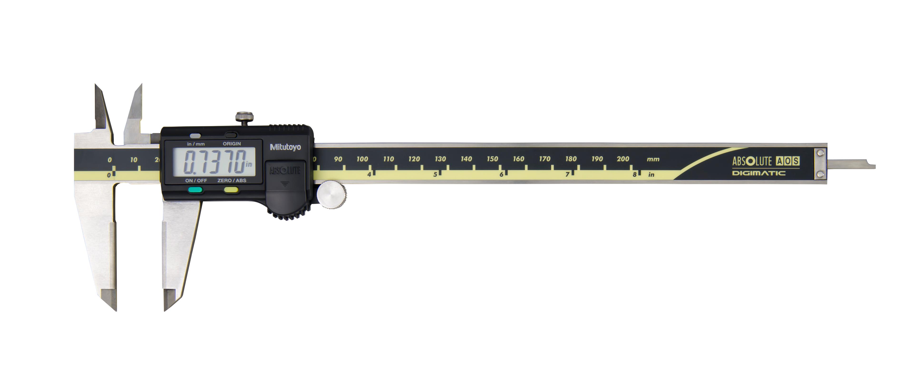 Mitutoyo, 500-163-30, 0-8 In/200mm, .0005 In/0.01mm ABSOLUTE AOS Digimatic Caliper, No Output, Carbide OD Jaws