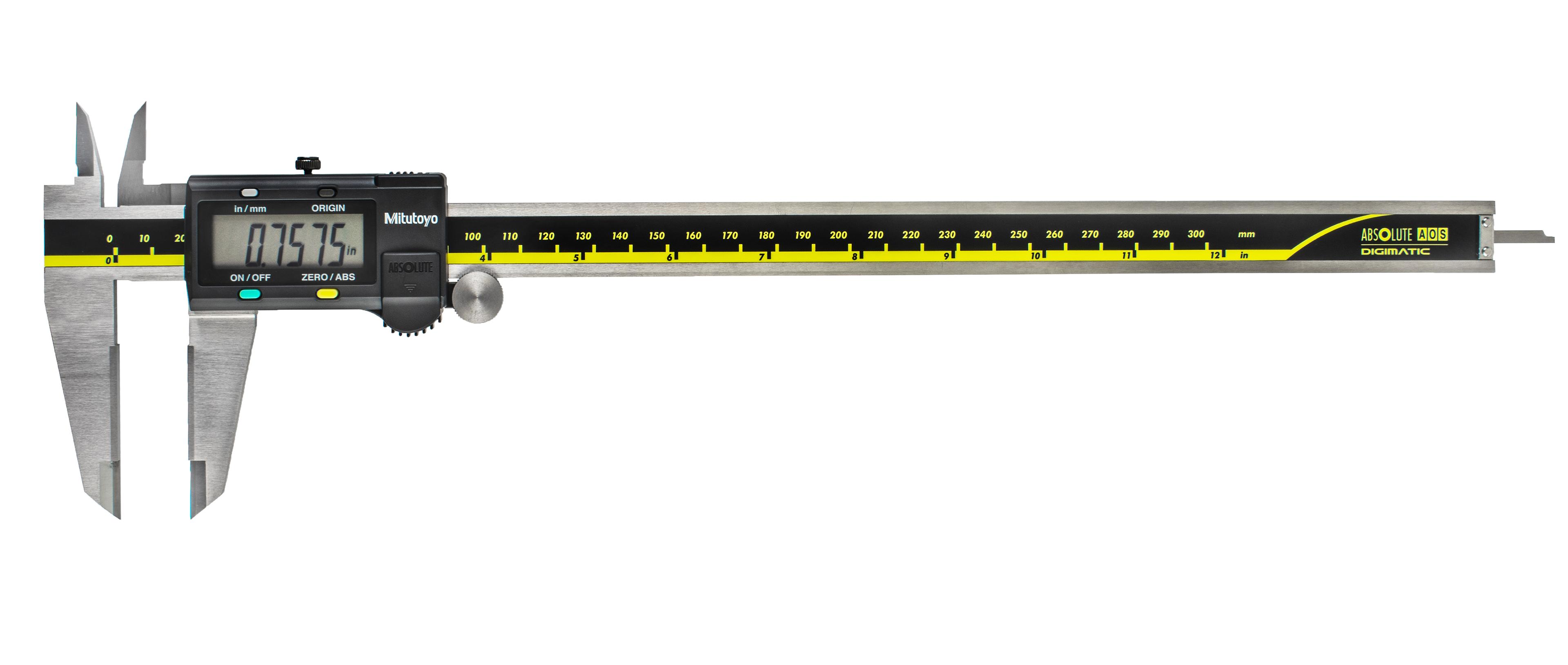 Mitutoyo, 500-168-30, 0-12 In/300mm, .0005 In/0.01mm ABSOLUTE AOS Digimatic Caliper, SPC Output, Carbide-tipped jaws for OD & ID measurement