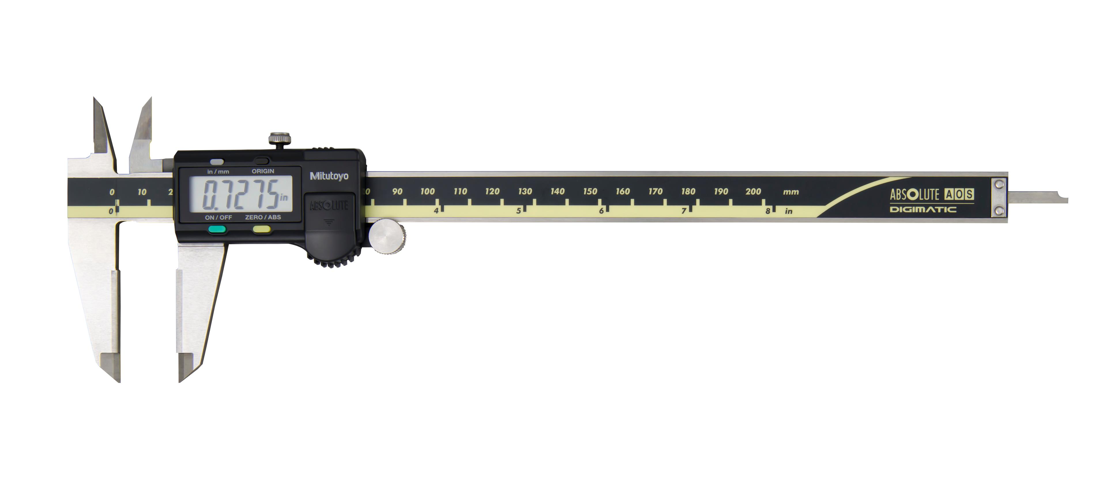 Mitutoyo, 500-177-30, 0-8 In/200mm, .0005 In/0.01mm ABSOLUTE AOS Digimatic Caliper, With SPC Data Output, Carbide OD/ID Jaws