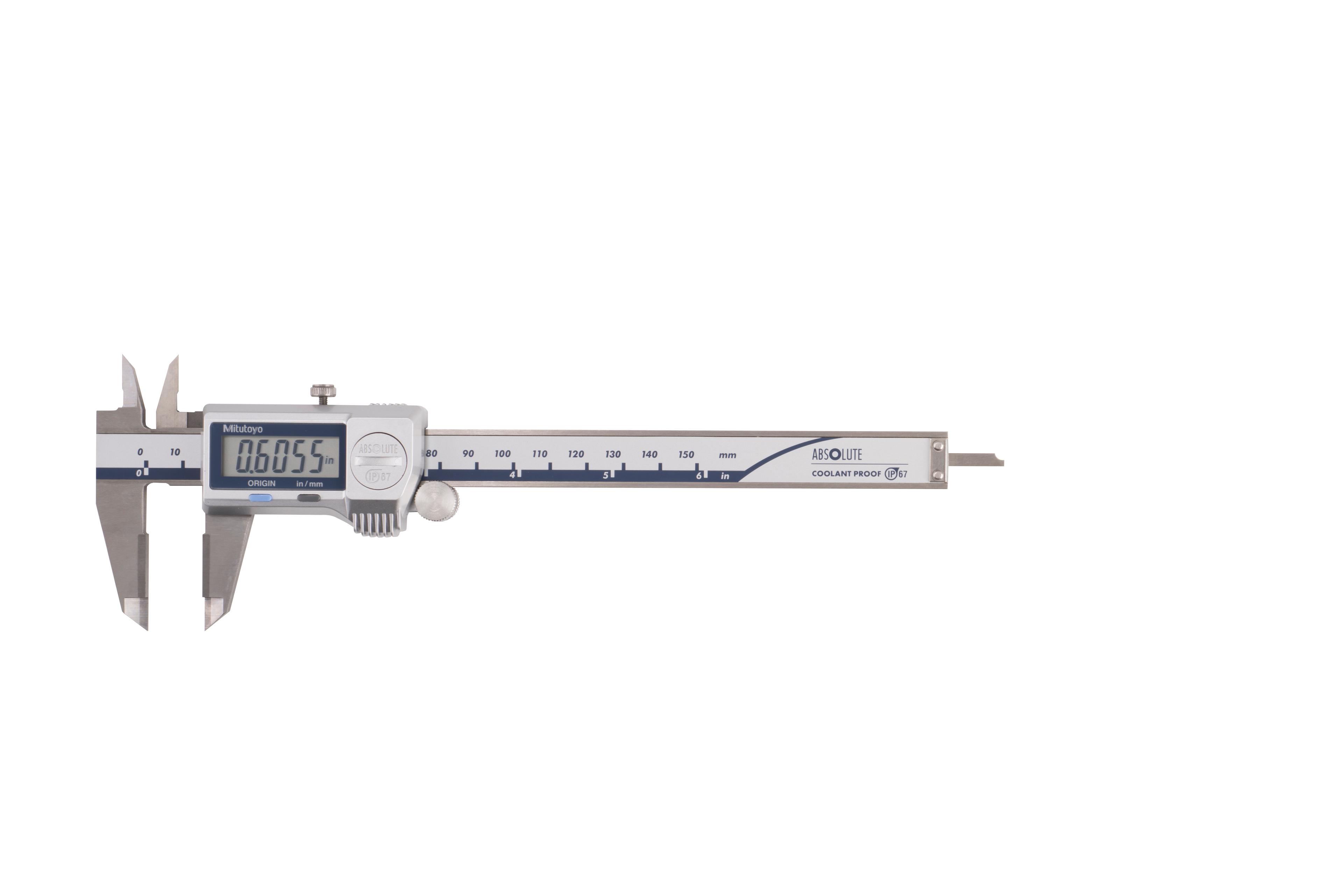 Mitutoyo, 500-731-20, 0-6 In/0-150mm, .0005 In/0.01mm, IP67 Absolute Coolant Proof Caliper, Carb OD tip jaws, No Output