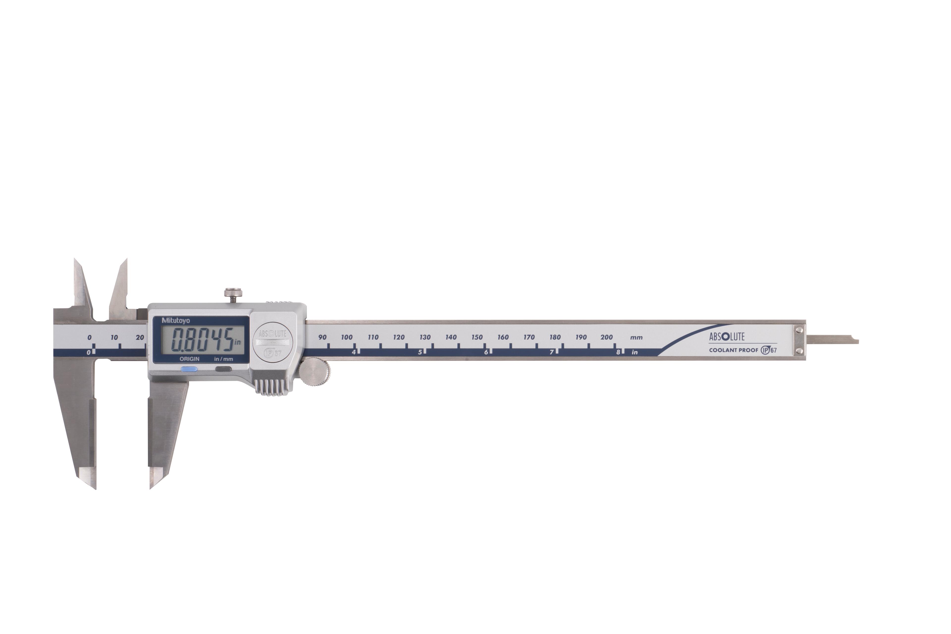 Mitutoyo, 500-732-20, 0-8 In/0-200mm, .0005 In/0.01mm, IP67 Absolute Coolant Proof Caliper, Carb OD tip jaws, No Output
