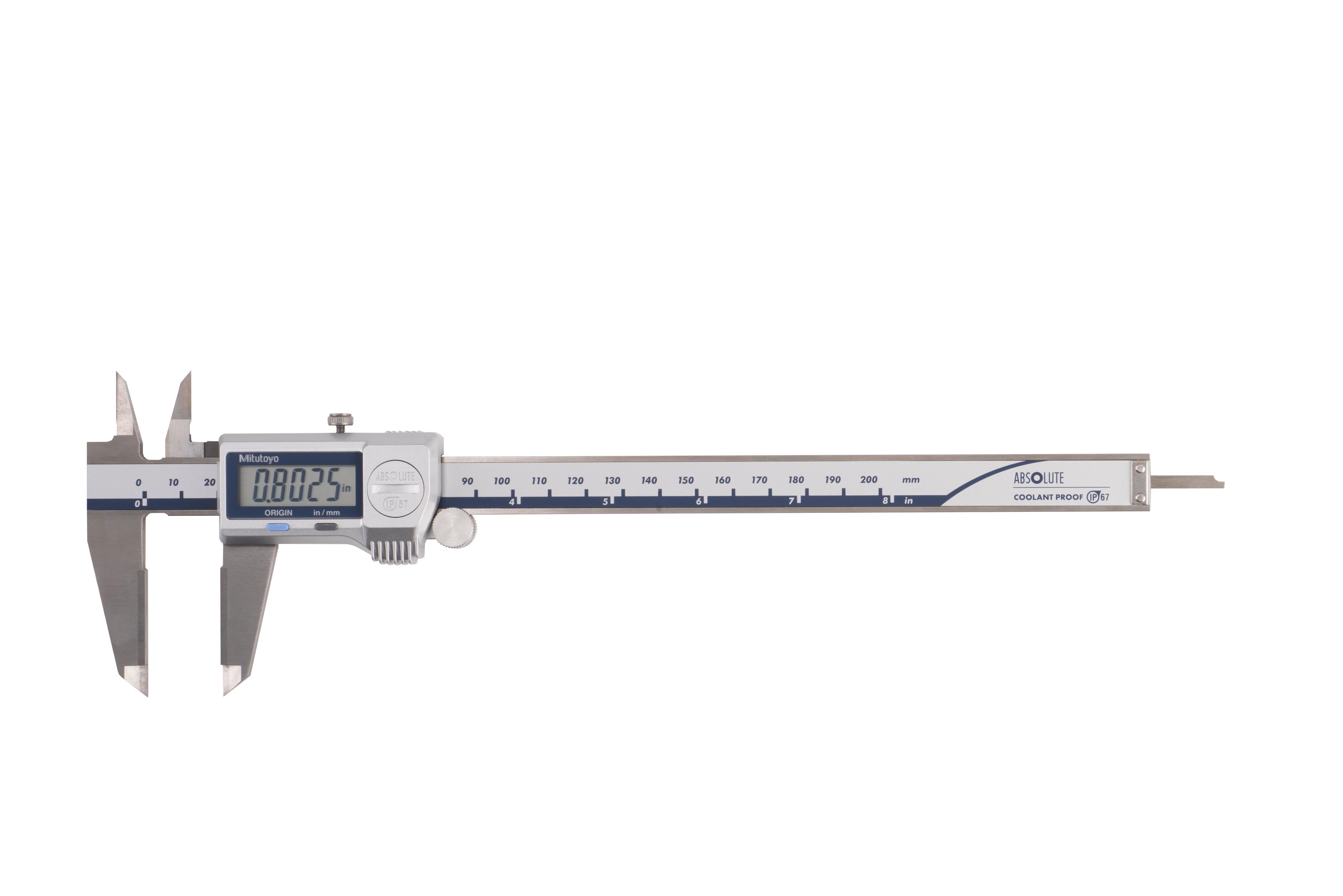 Mitutoyo, 500-734-20, 0-8 In/0-200mm, .0005 In/0.01mm, IP67 Absolute Coolant Proof Caliper, Carb OD/ID tip jaws, No Output