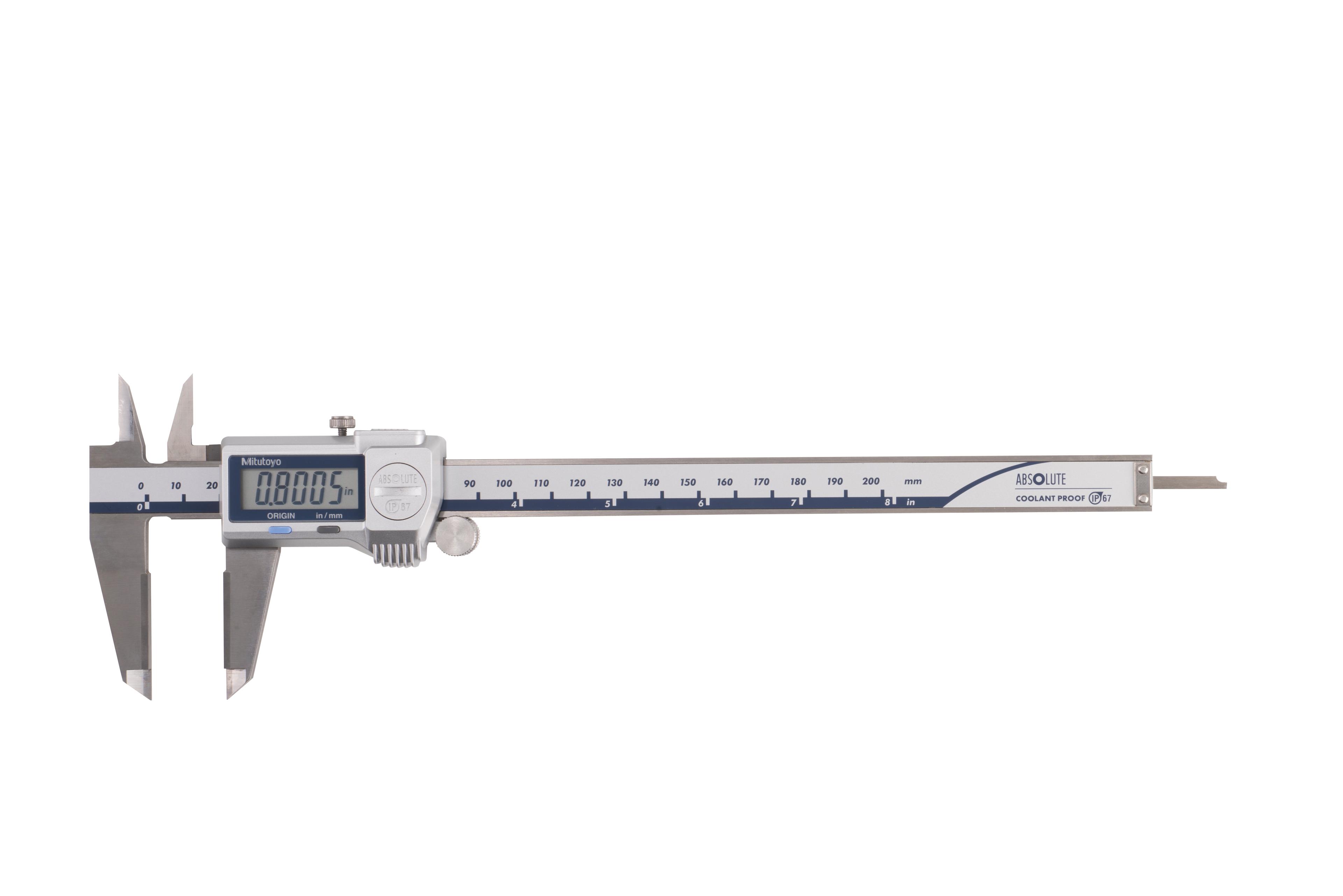Mitutoyo, 500-736-20, 0-8 In/0-200mm, .0005 In/0.01mm, IP67 Absolute Coolant Proof Caliper, Carb OD tip jaws, With Output