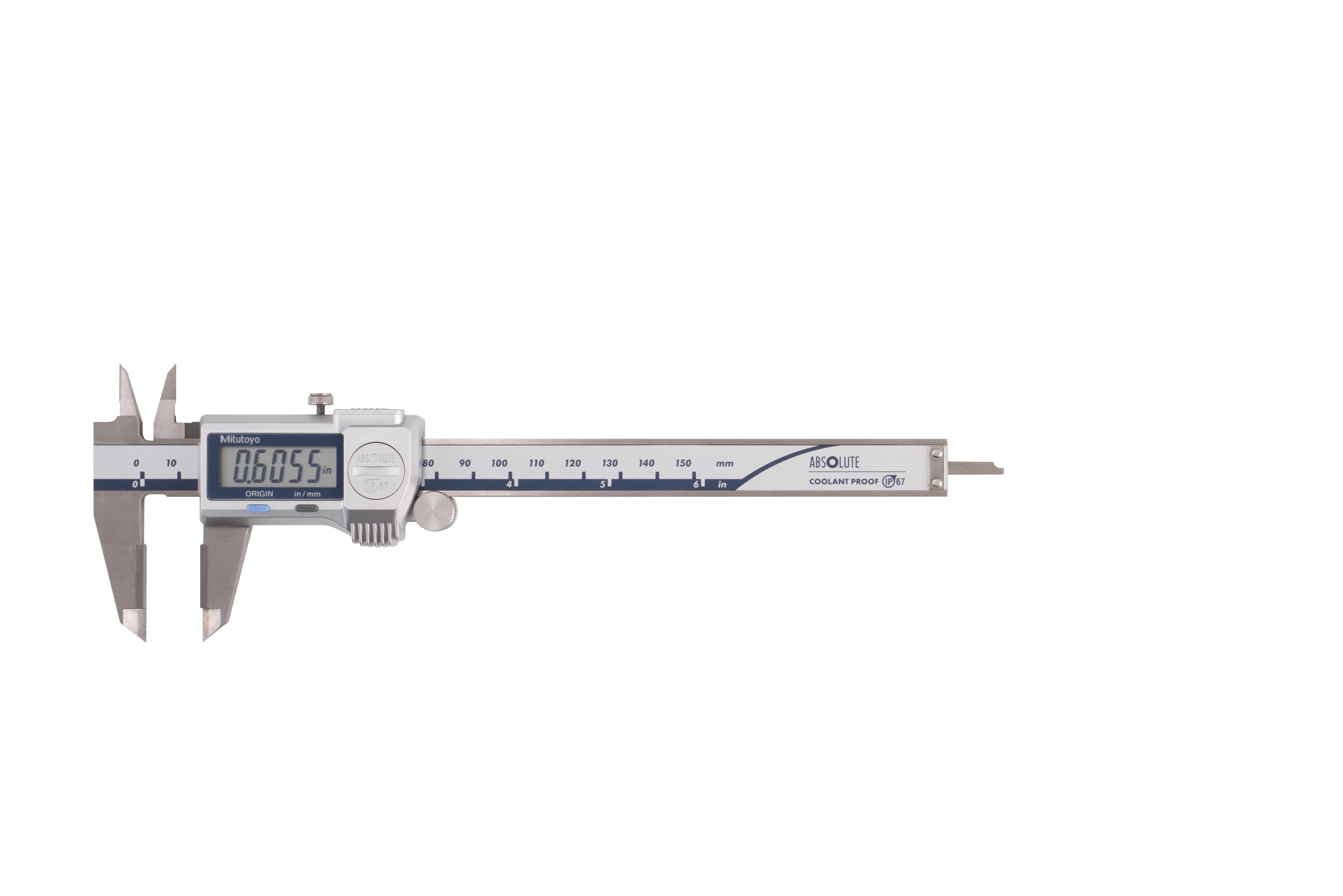 Mitutoyo, 500-737-20, 0-6 In/0-150mm, .0005 In/0.01mm, IP67 Absolute Coolant Proof Caliper, Carb OD/ID tip jaws, With Output
