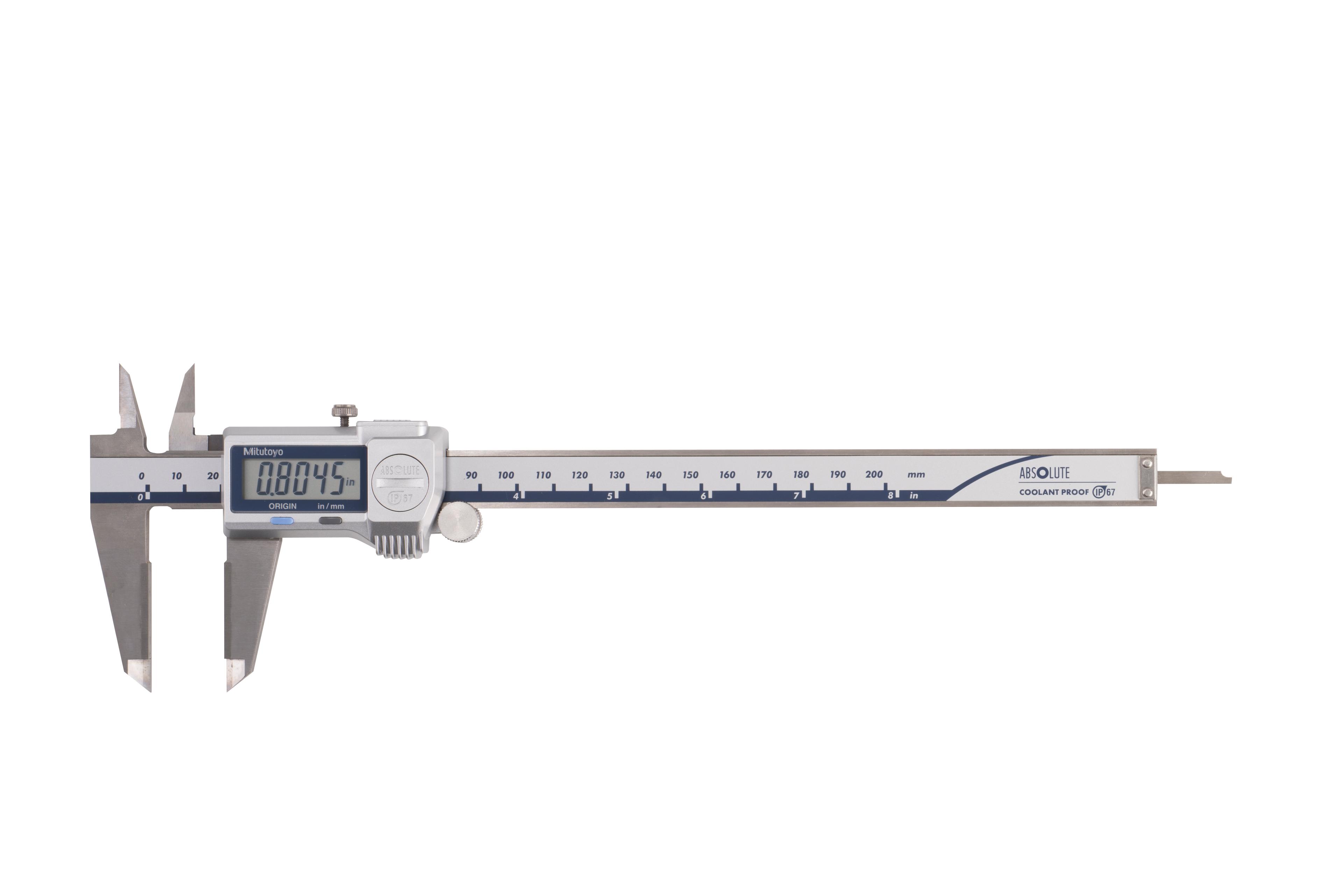 Mitutoyo, 500-738-20, 0-8 In/0-200mm, .0005 In/0.01mm, IP67 Absolute Coolant Proof Caliper, Carb OD/ID tip jaws, With Output