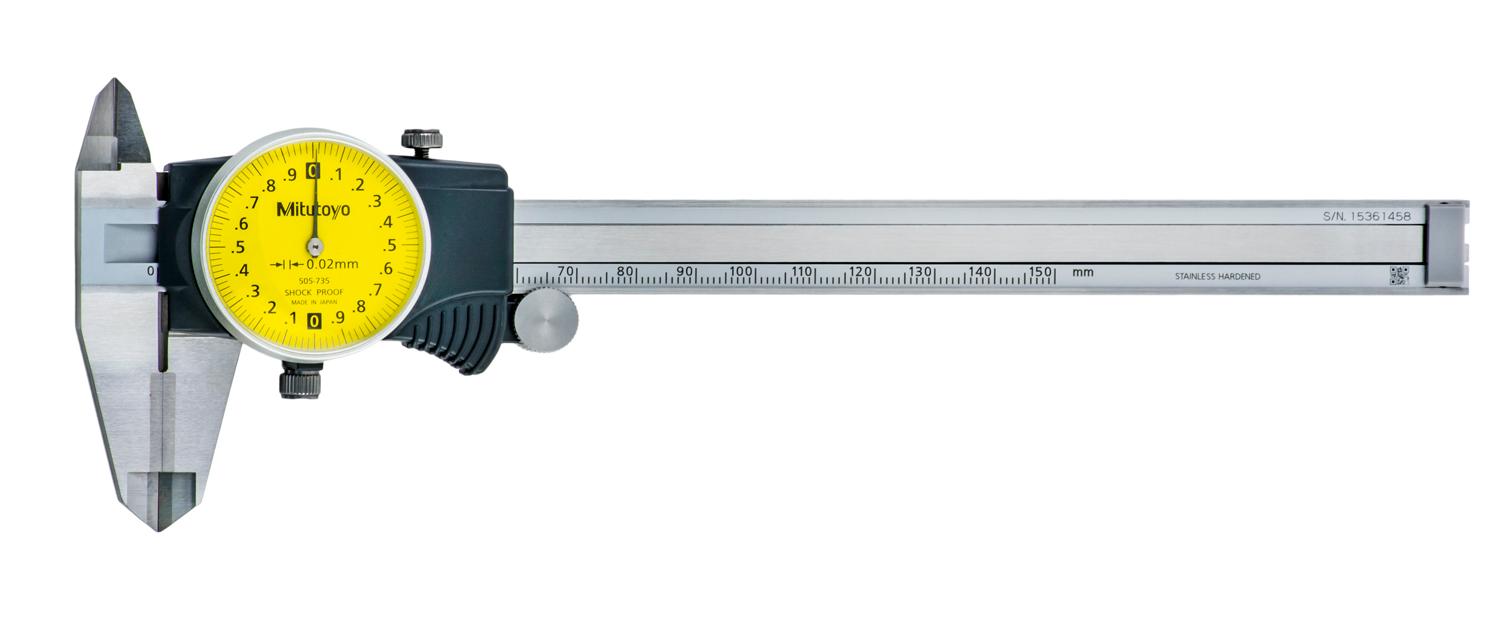 Mitutoyo, 505-735, 0-150mm, 0.02mm Dial Caliper, 2mm/Revolution, Carbide OD and ID Jaws