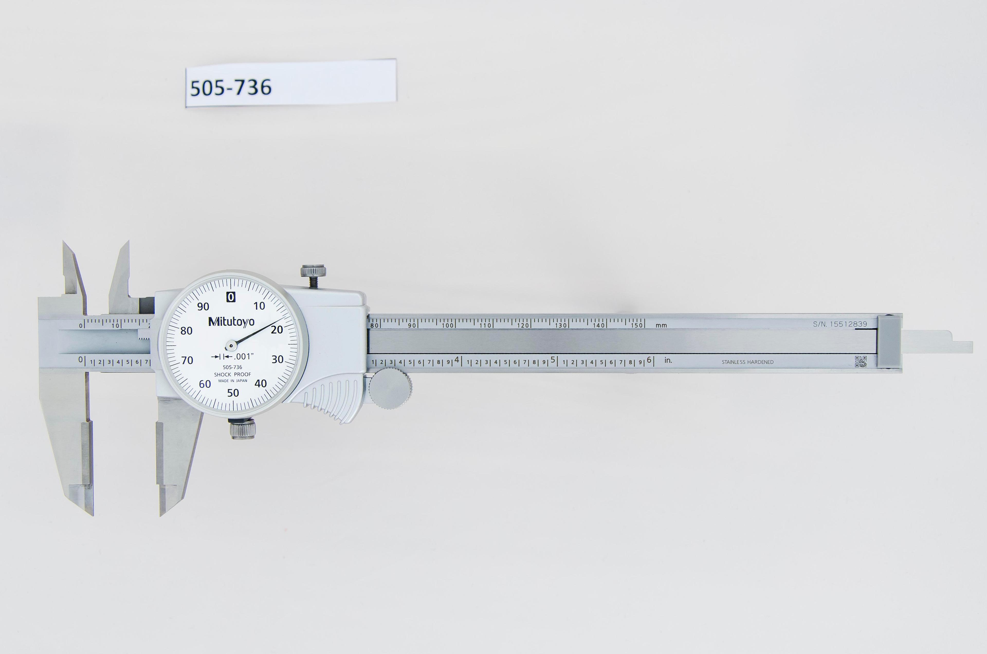 Mitutoyo, 505-736, 0-6 In, .001 In Dial Caliper, .1 In/Revolution, Carbide OD Jaws