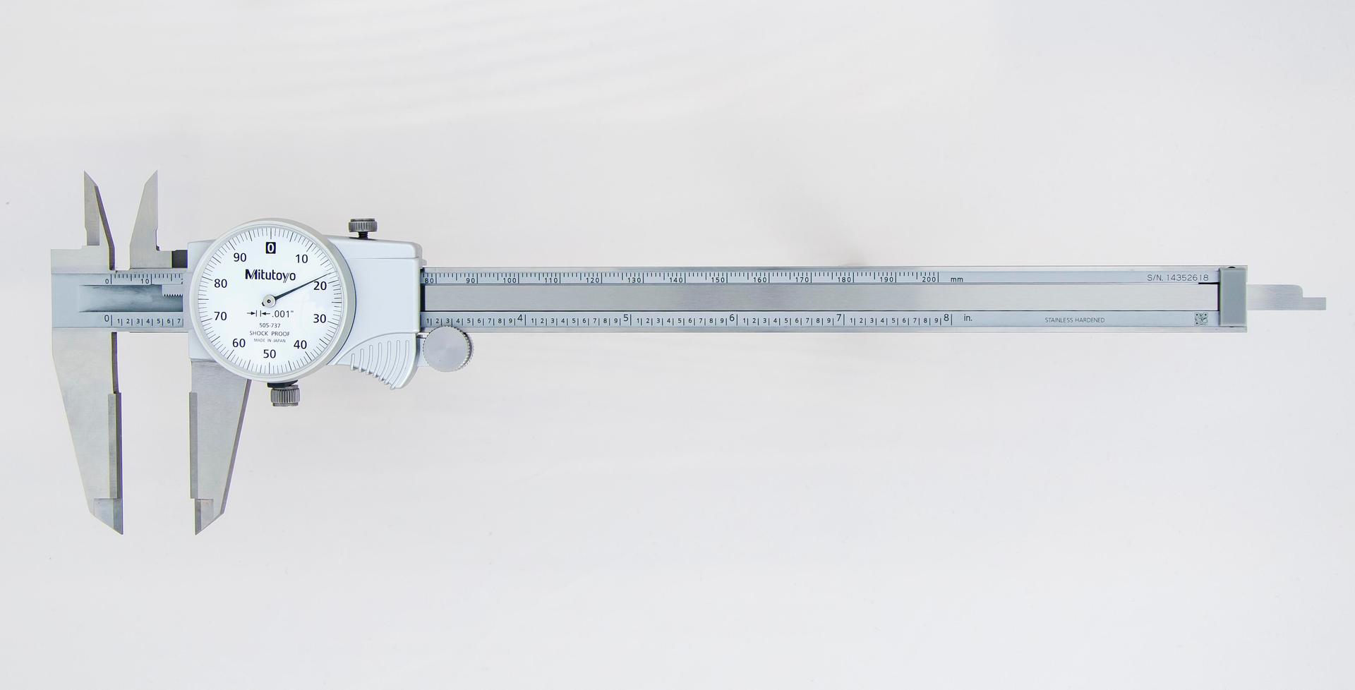 Mitutoyo, 505-737, 0-8 In, .001 In Dial Caliper, .1 In/Revolution, White Face, Carbide OD Jaws