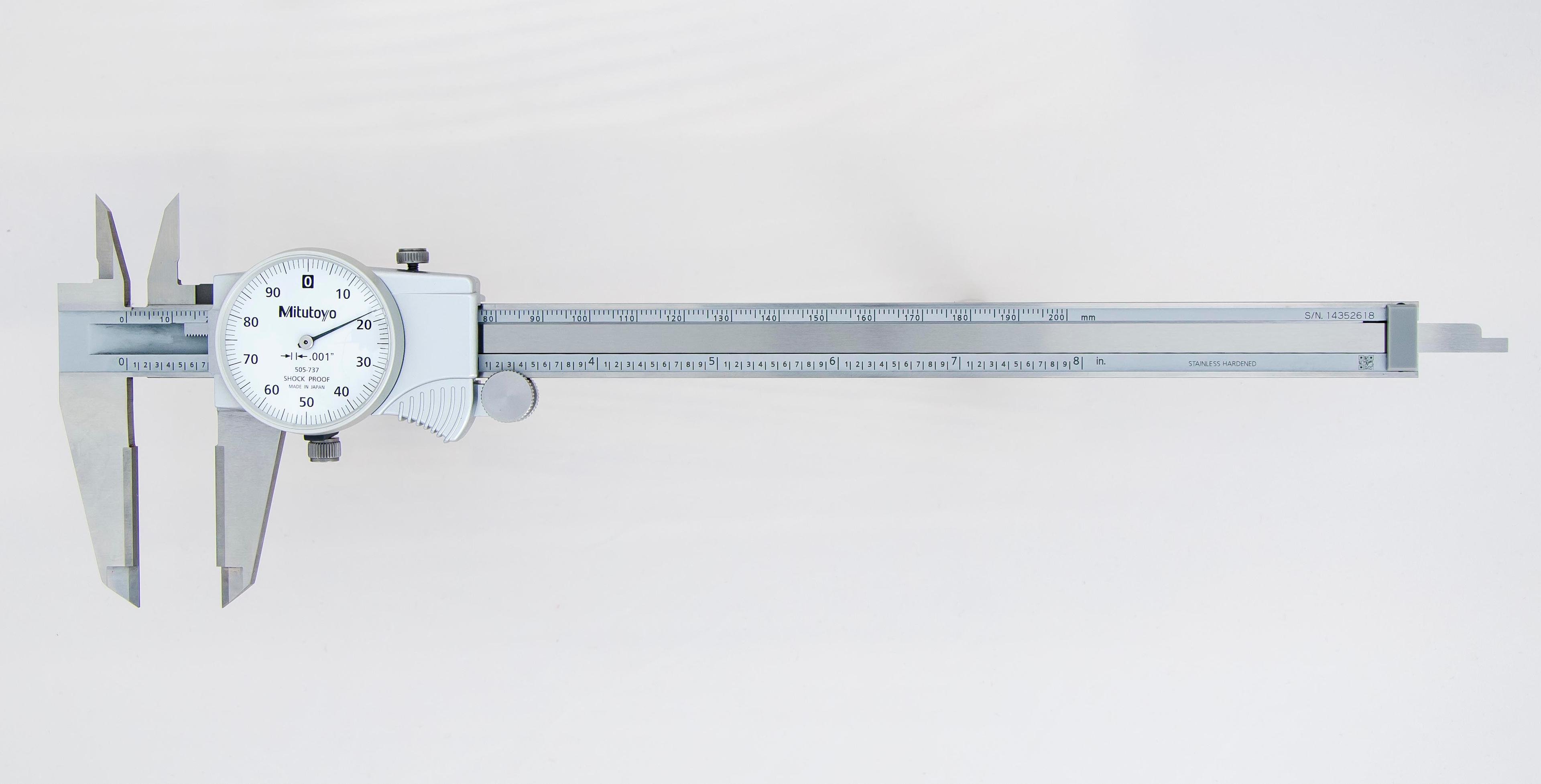 Mitutoyo, 505-737, 0-8 In, .001 In Dial Caliper, .1 In/Revolution, White Face, Carbide OD Jaws