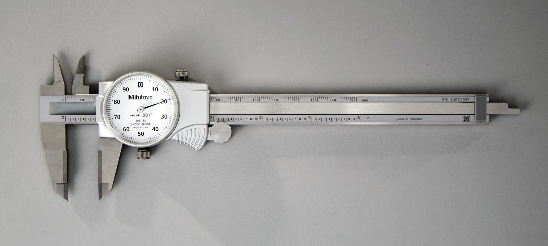 Mitutoyo, 505-738, 0-6 In, .001 In Dial Caliper, .1 In/Revolution, Carbide OD and ID Jaws