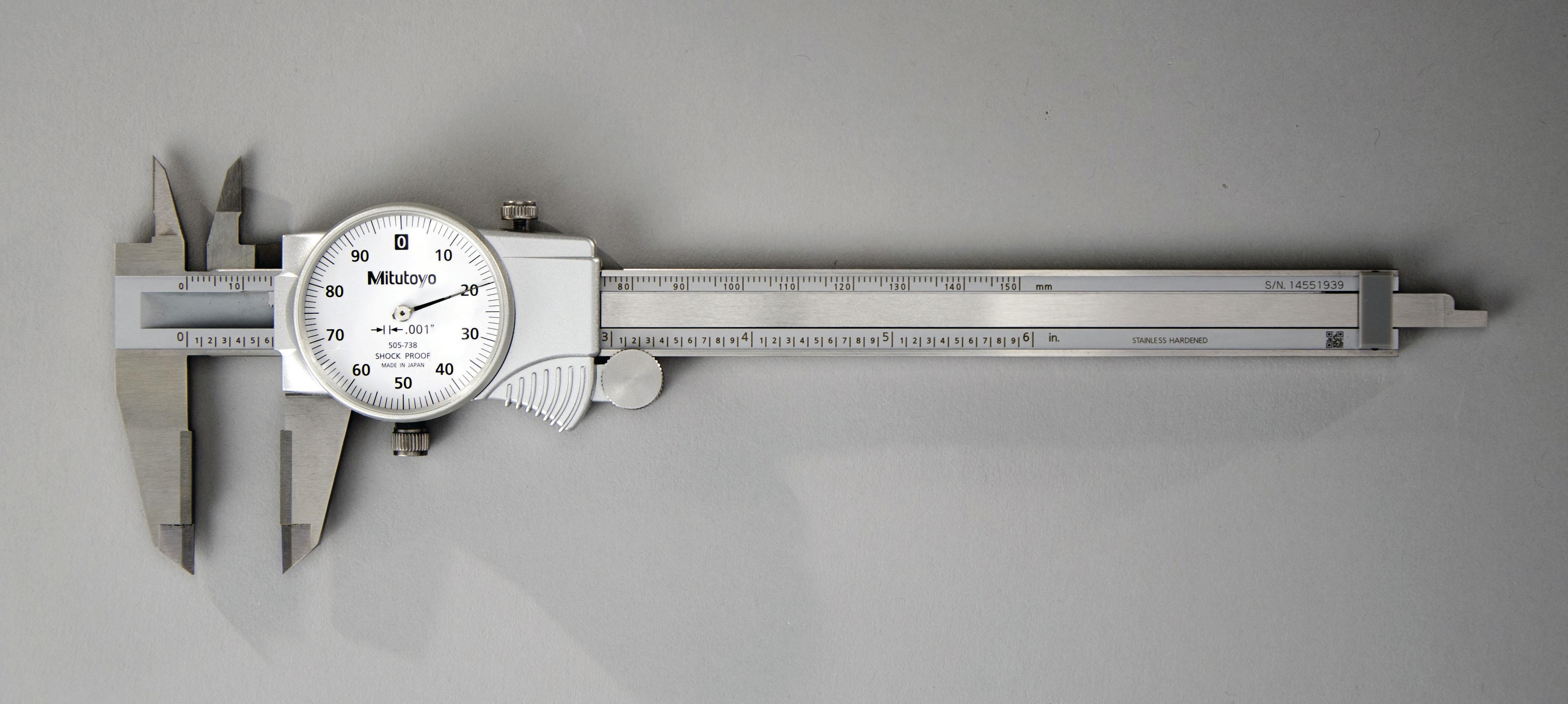 Mitutoyo, 505-738, 0-6 In, .001 In Dial Caliper, .1 In/Revolution, Carbide OD and ID Jaws
