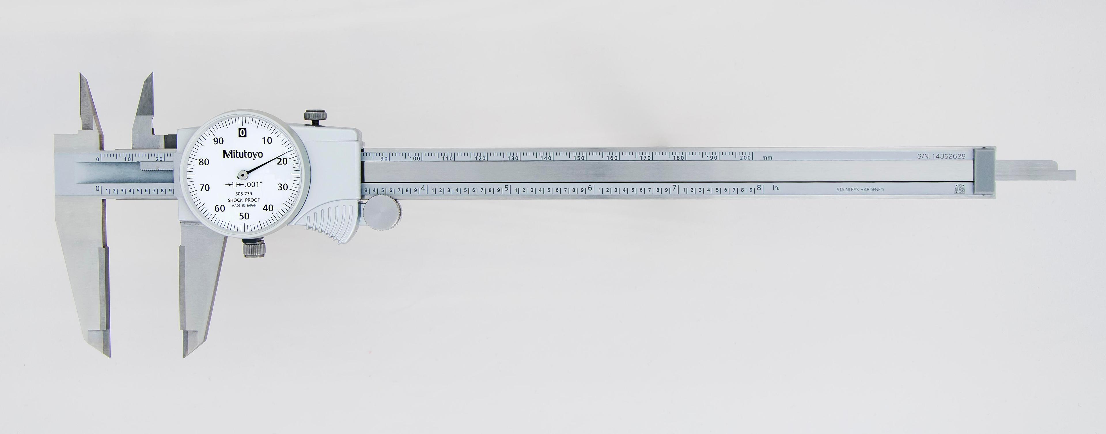 Mitutoyo, 505-739, 0-8 In, .001 In Dial Caliper, .1 In/Revolution, White Face, Carbide OD/ID Jaws