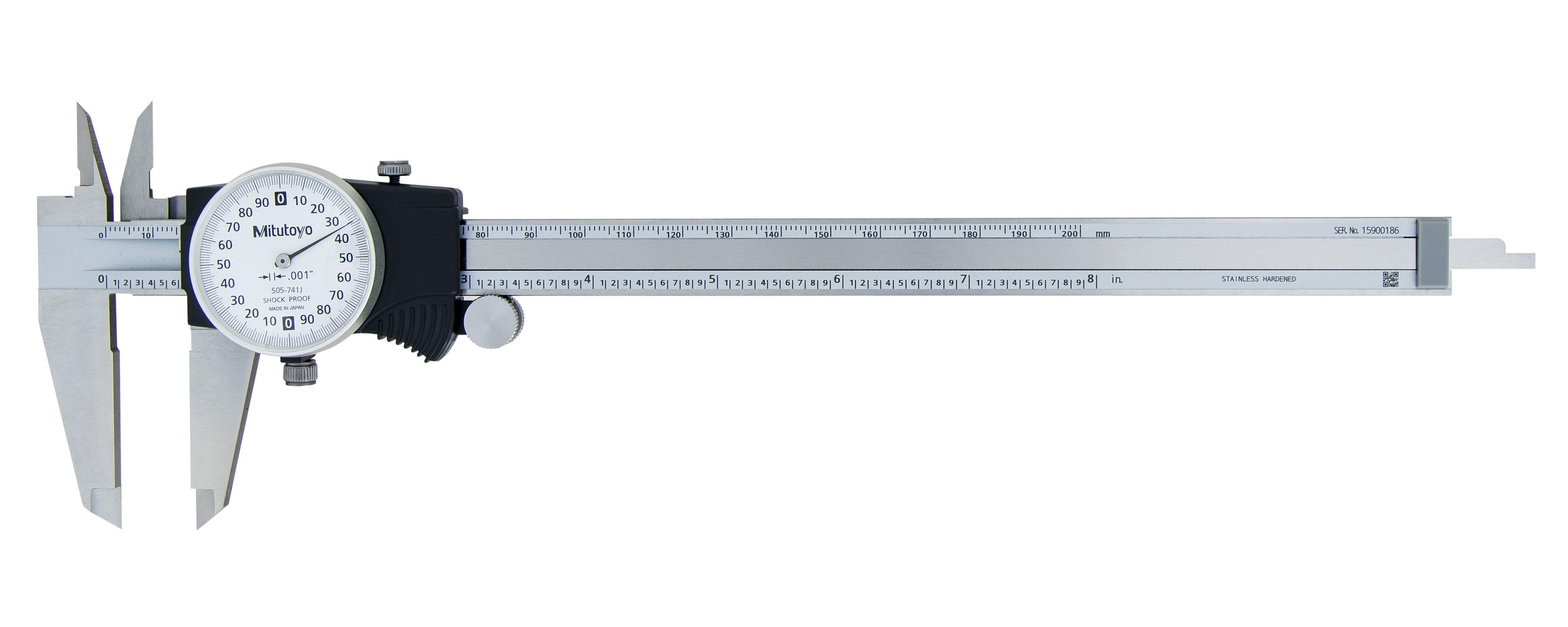 Mitutoyo, 505-741J, 0-8 In, .001 In Dial Caliper, .2 In/Revolution, White Face