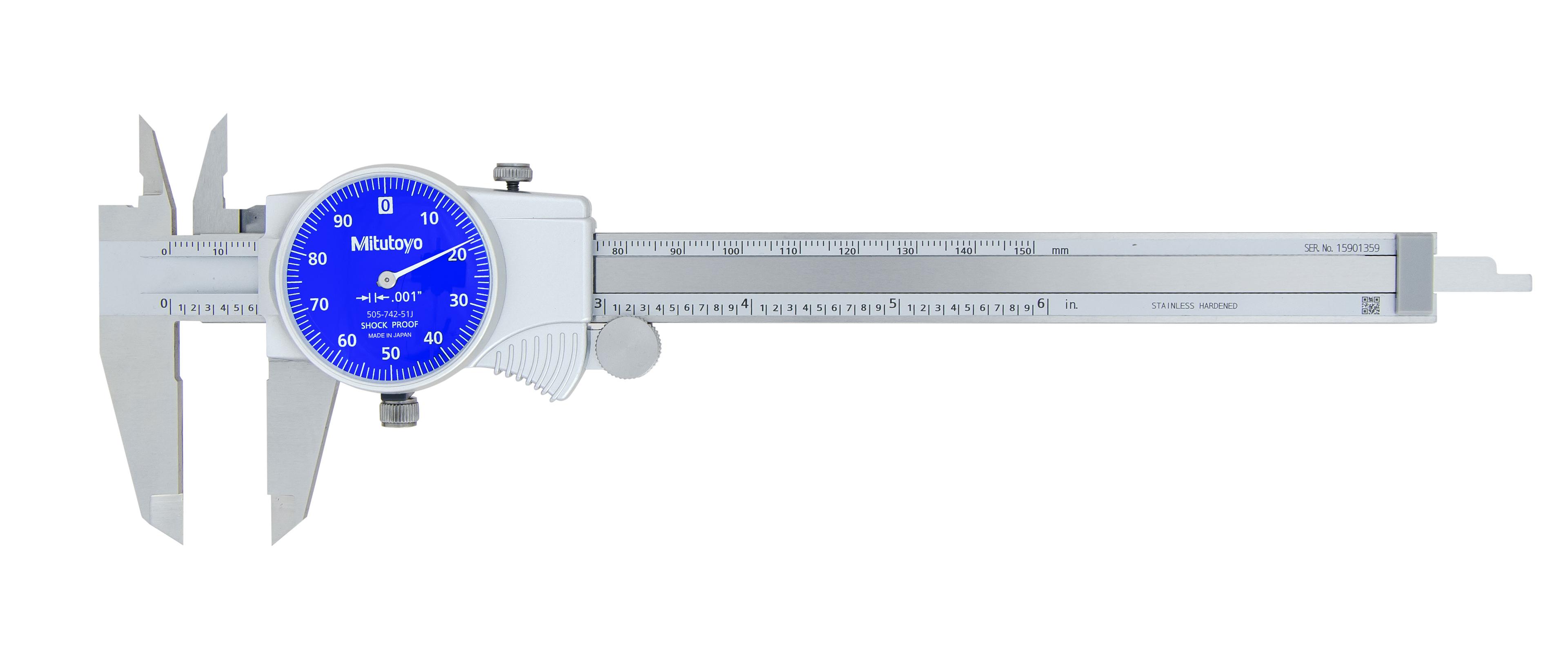 Mitutoyo, 505-742-51J, 0-6 In, .001 In Dial Caliper, .1 In/Revolution, Blue Face