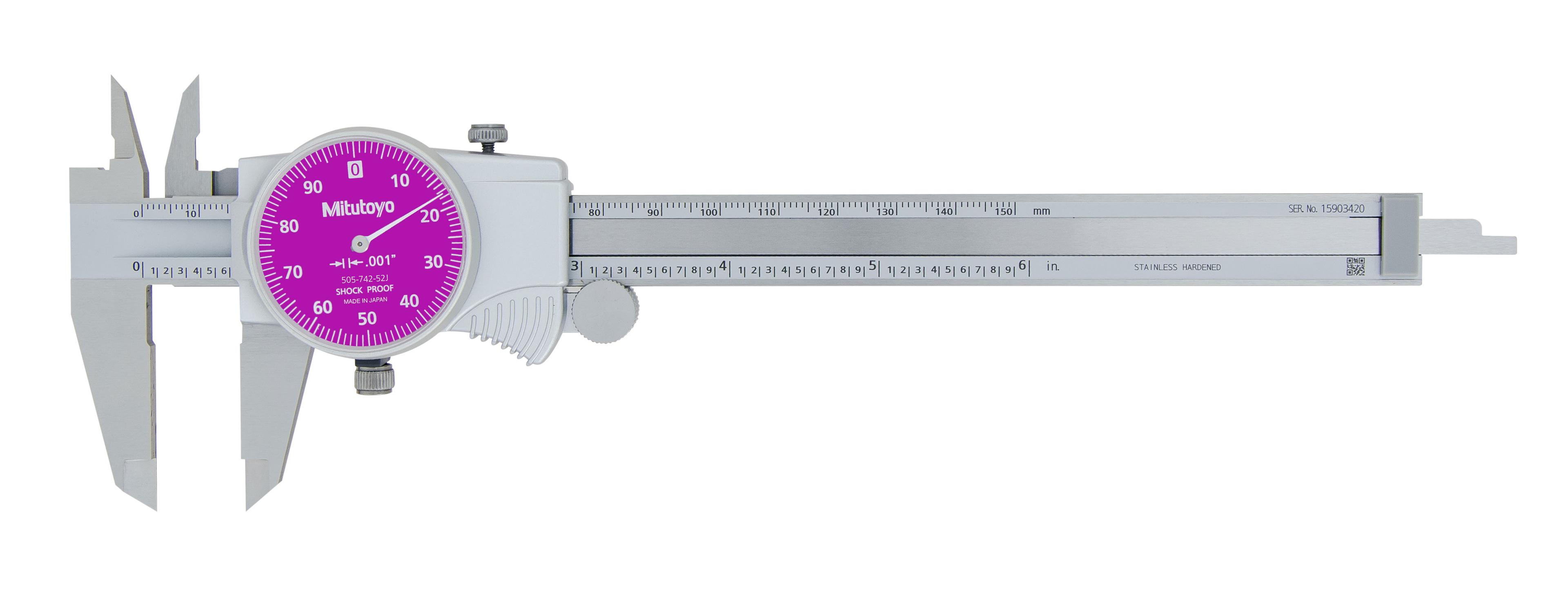 Mitutoyo, 505-742-52J, 0-6 In, .001 In Dial Caliper, .1 In/Revolution, Violet Face