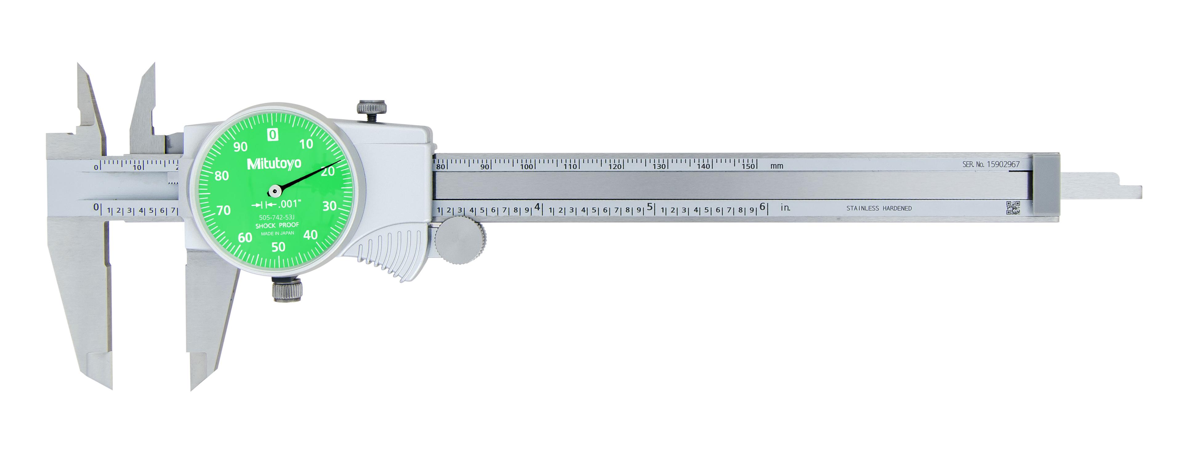 Mitutoyo, 505-742-53J, 0-6 In, .001 In Dial Caliper, .1 In/Revolution, Green Face