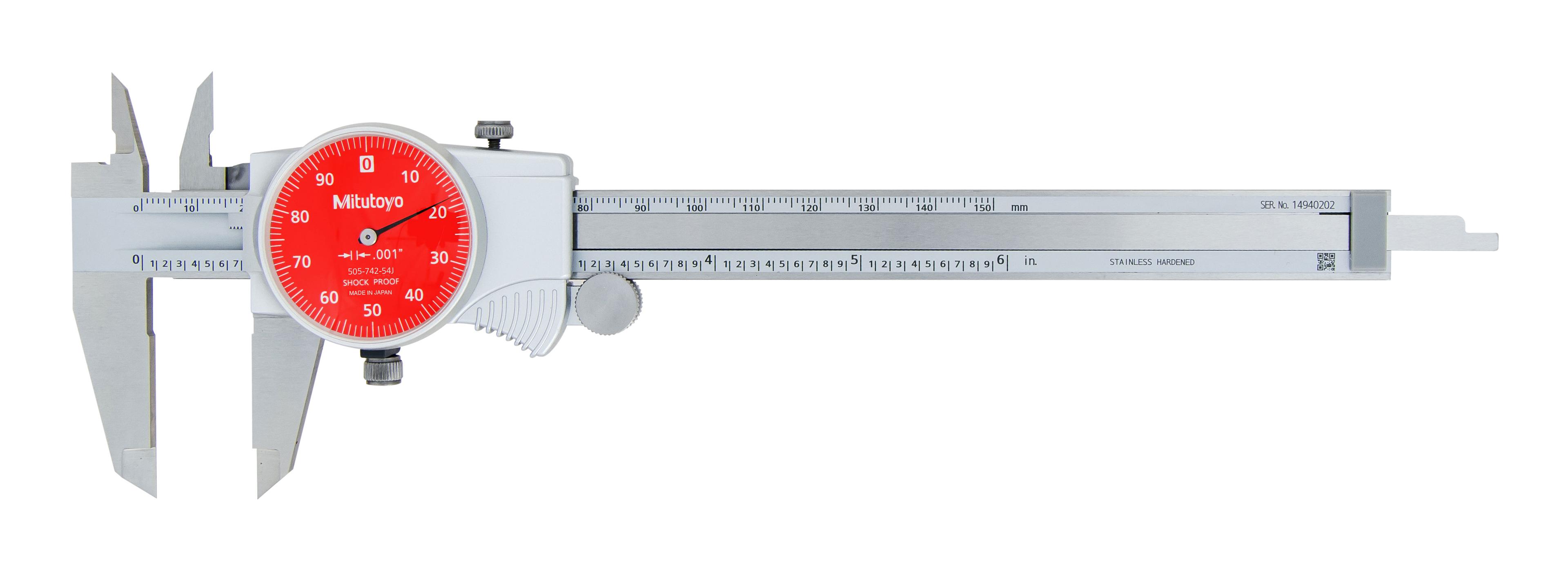 Mitutoyo, 505-742-54J, 0-6 In, .001 In Dial Caliper, .1 In/Revolution, Red Face